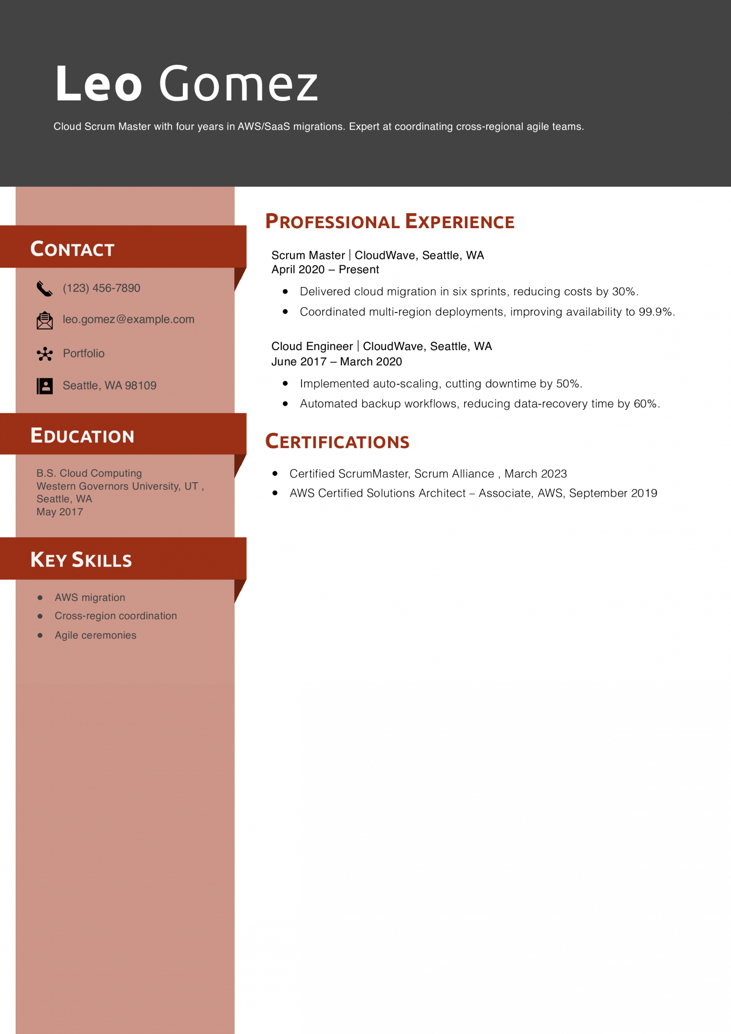 Cloud Scrum Master Resume Example