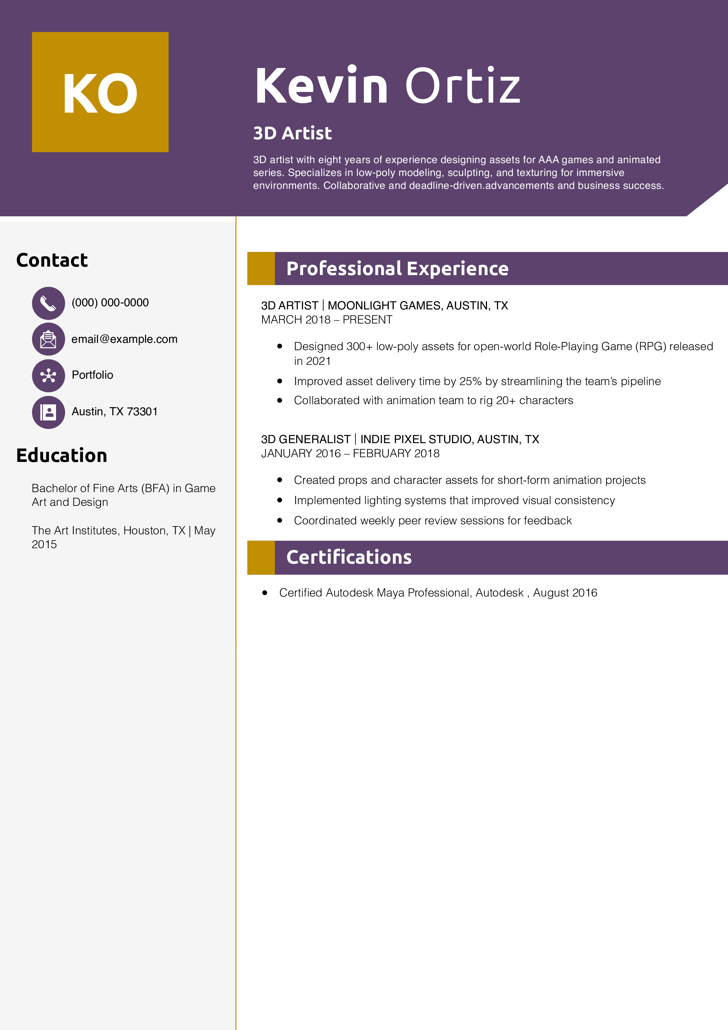 3D Artist Resume Example