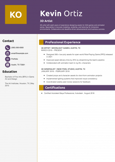 3D Artist Resume Example