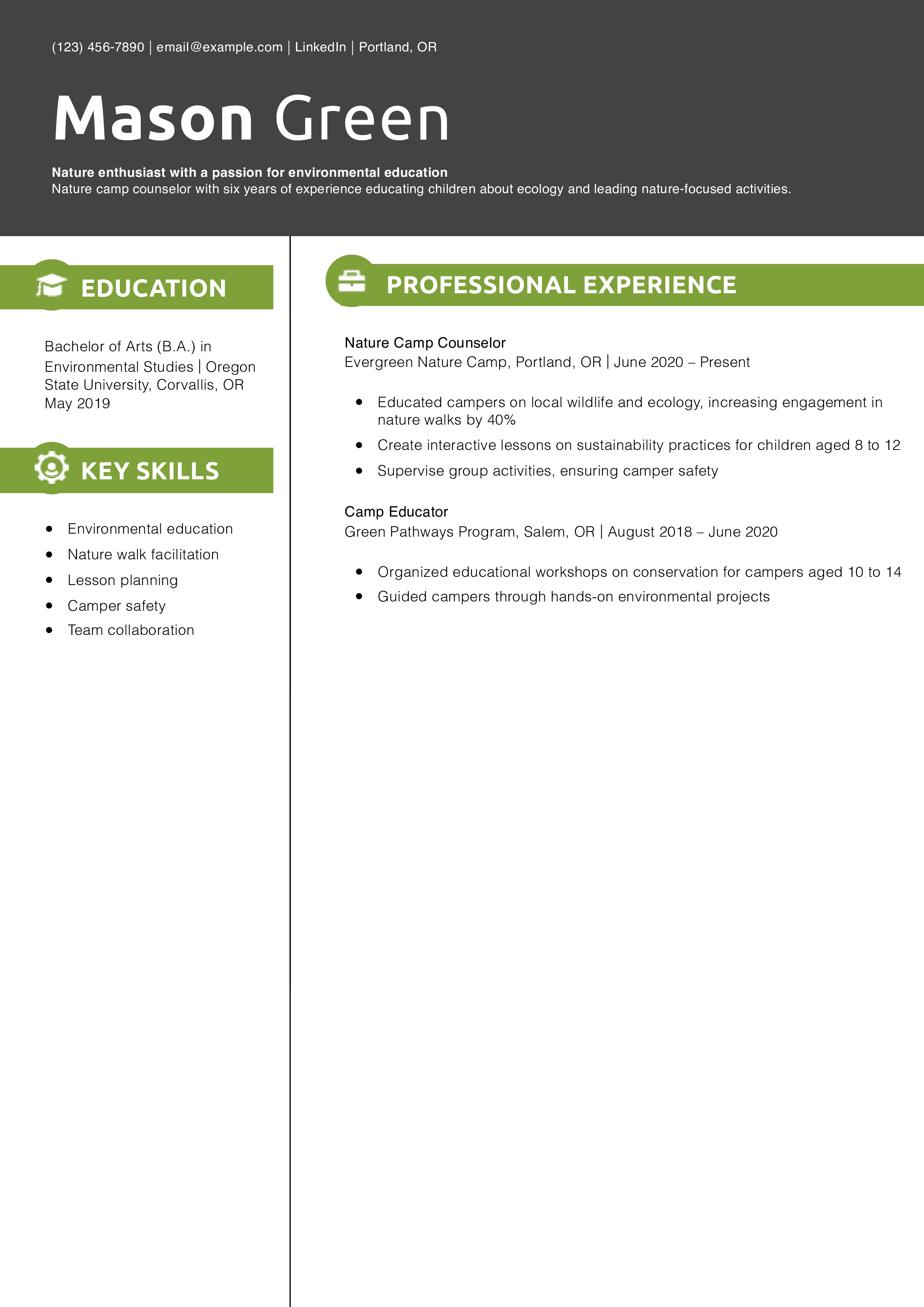 Nature Camp Counselor Resume