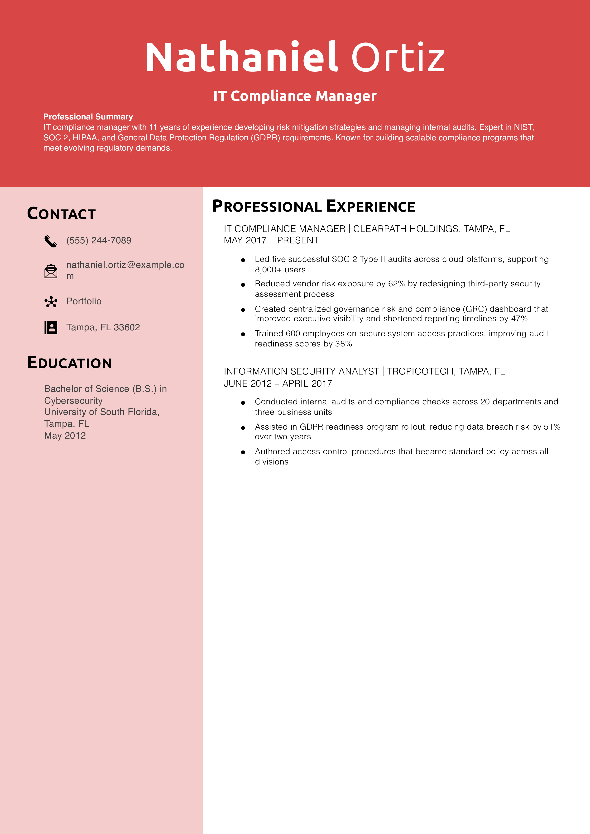 IT Compliance Manager Resume Example