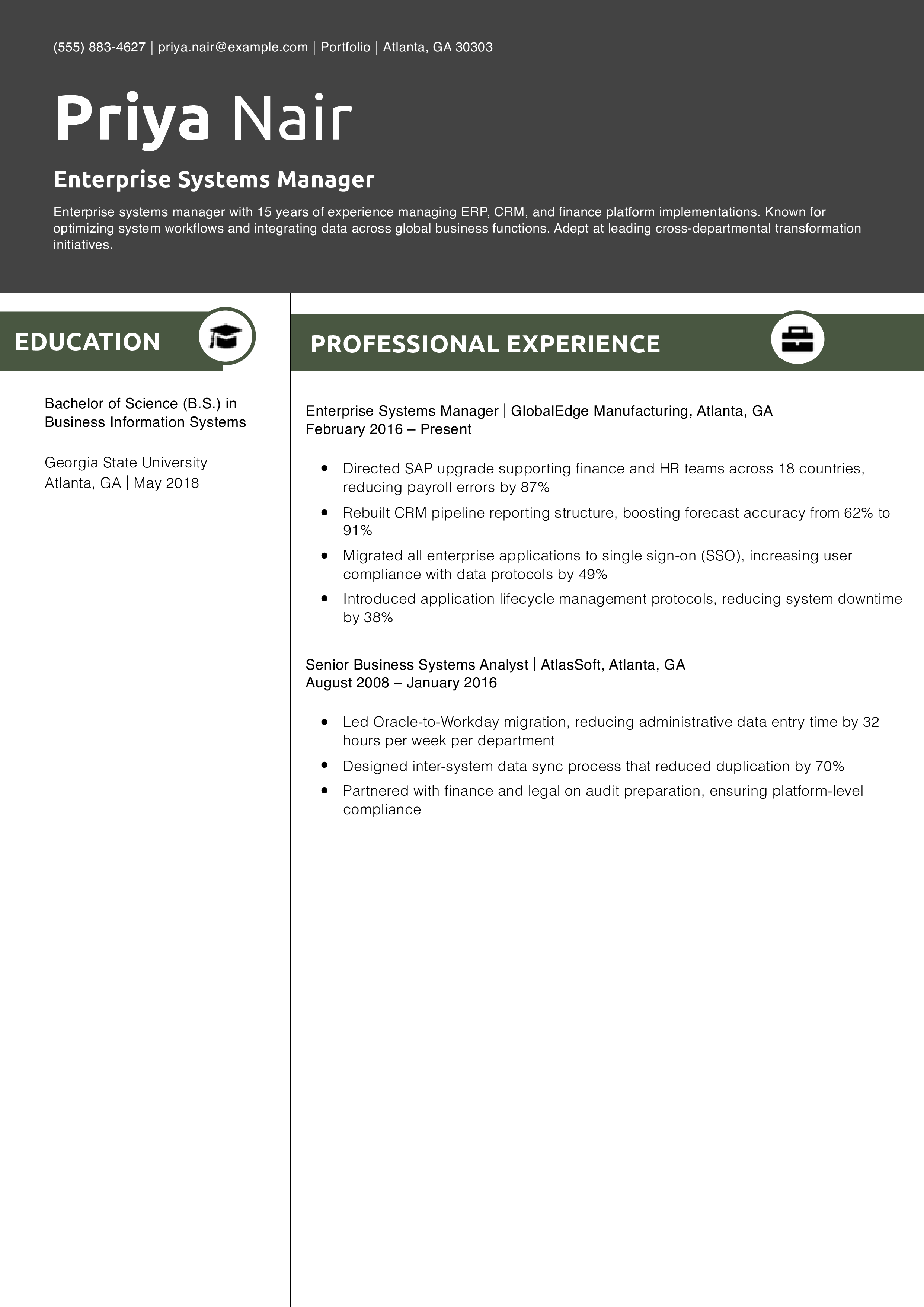 Enterprise Systems Manager Resume Example