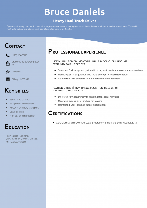 Heavy Haul Truck Driver Resume