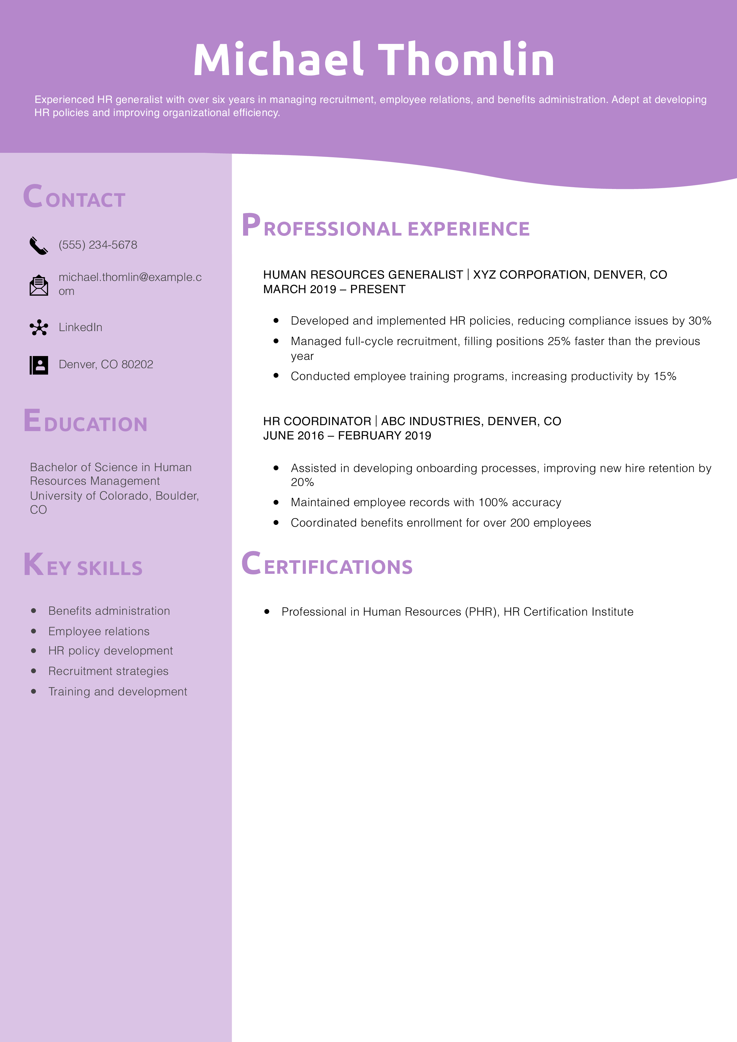 Human Resources Generalist Resume Example