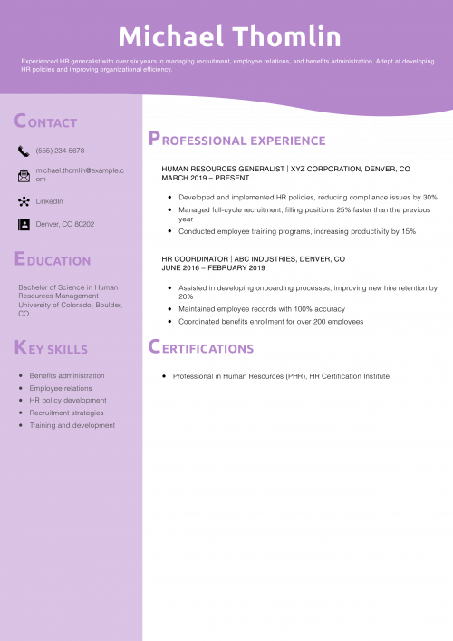 Human Resources Generalist Resume Example