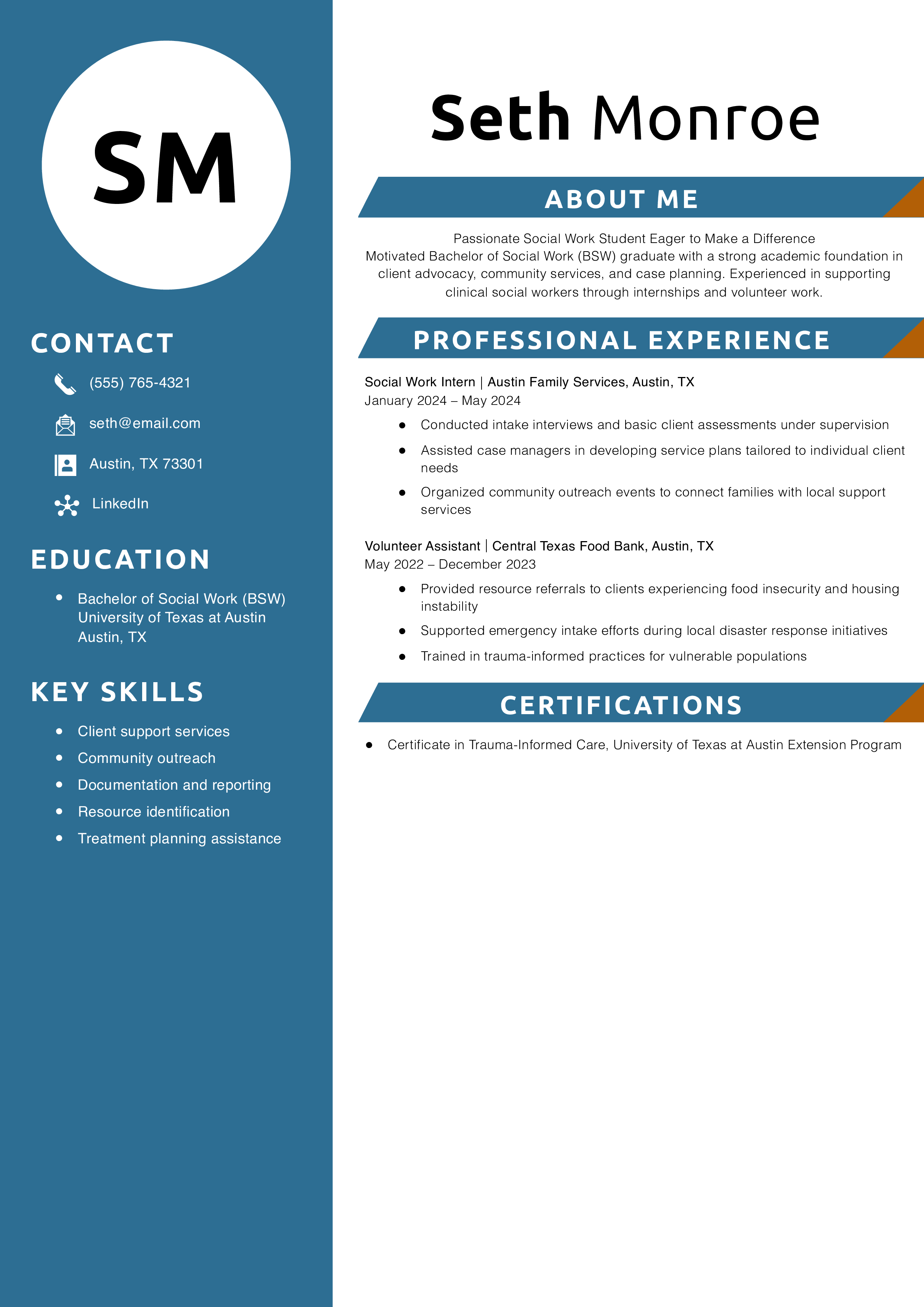 Entry-Level Social Work Student Resume Example