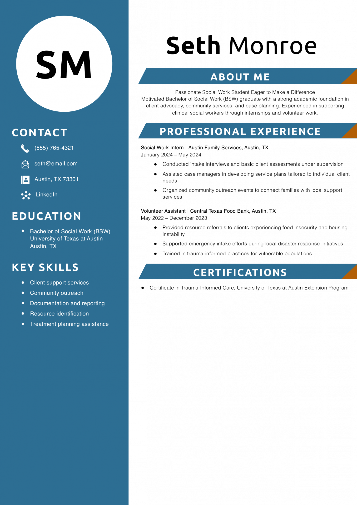 Entry-Level Social Work Student Resume Example