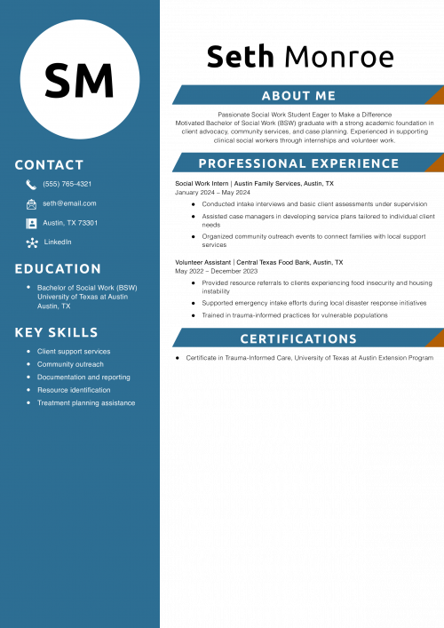 Entry-Level Social Work Student Resume Example
