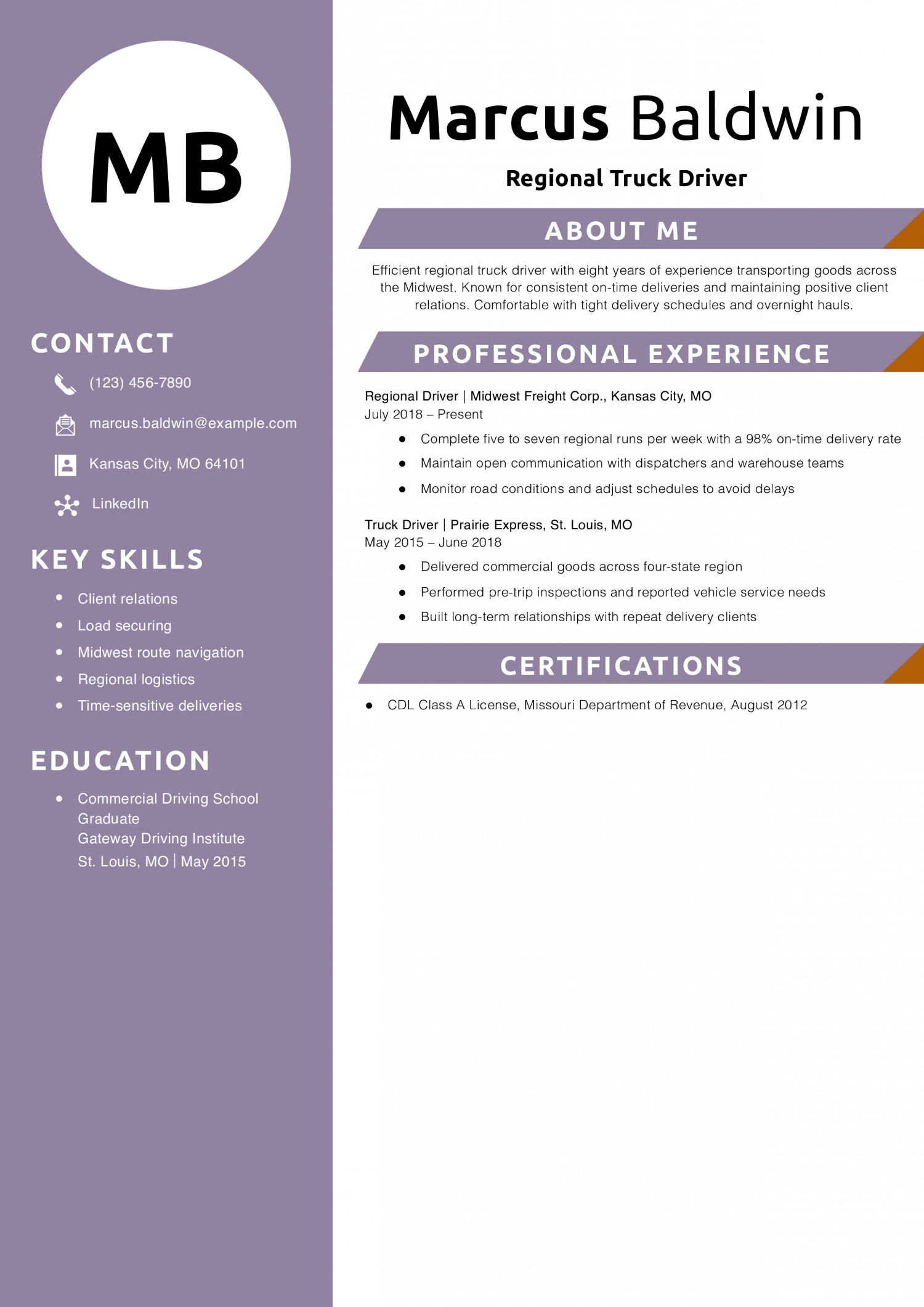 Regional Truck Driver Resume