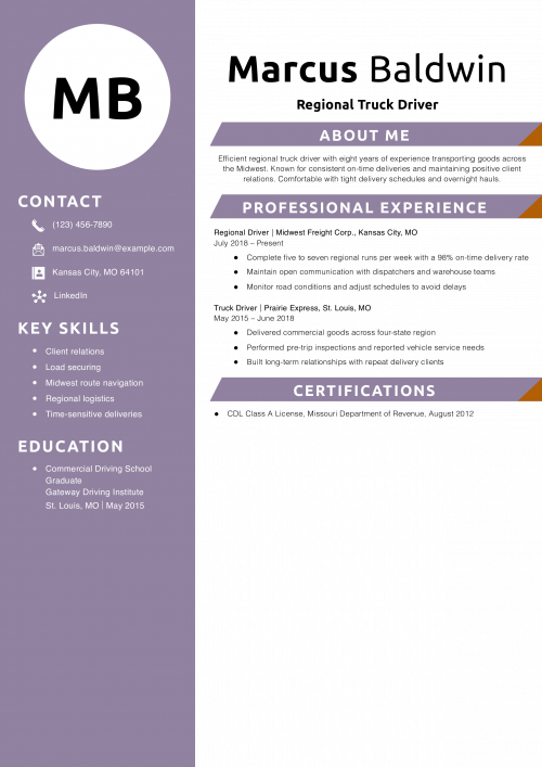 Regional Truck Driver Resume