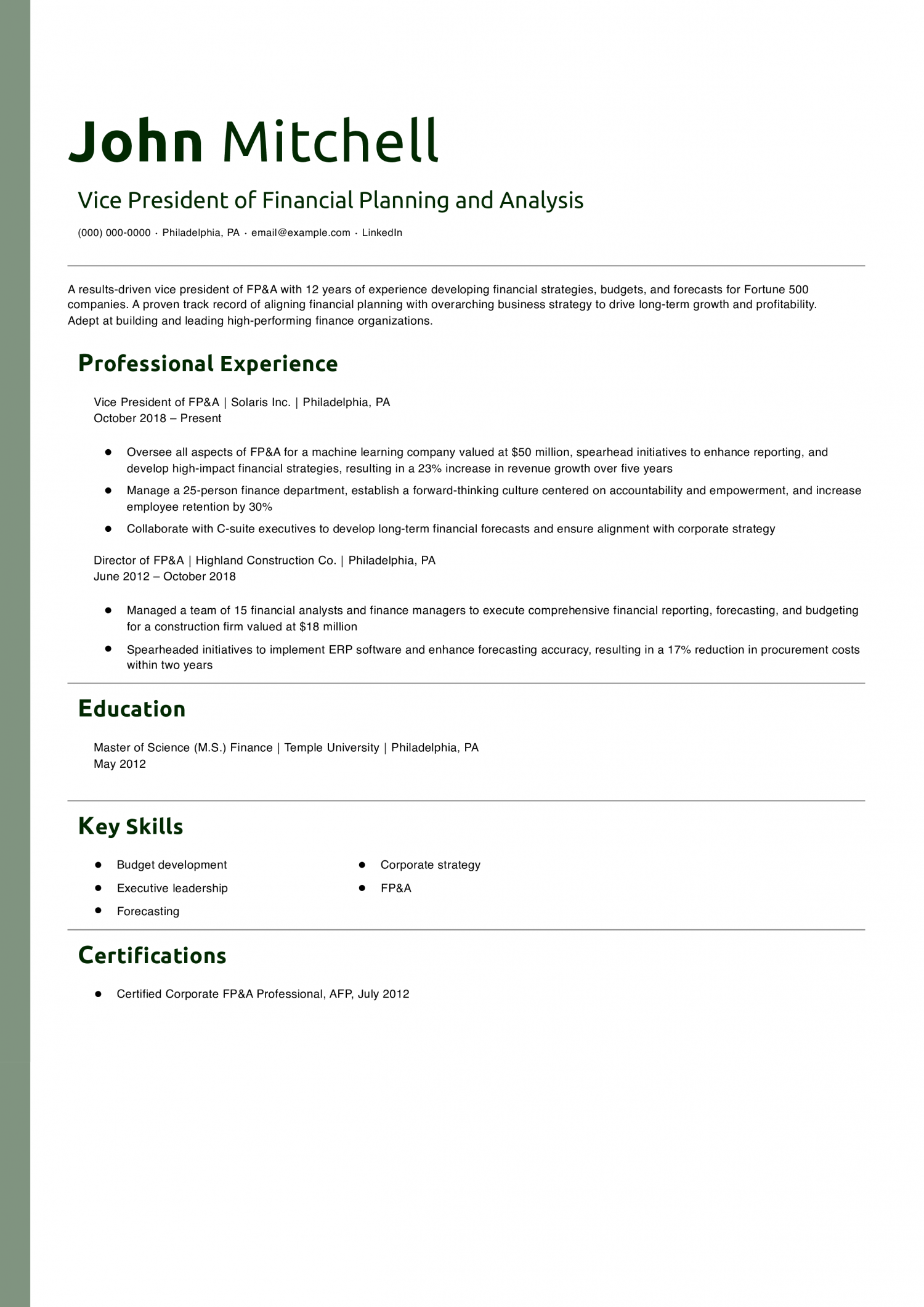 Vice President of Financial Planning and Analysis Resume Example