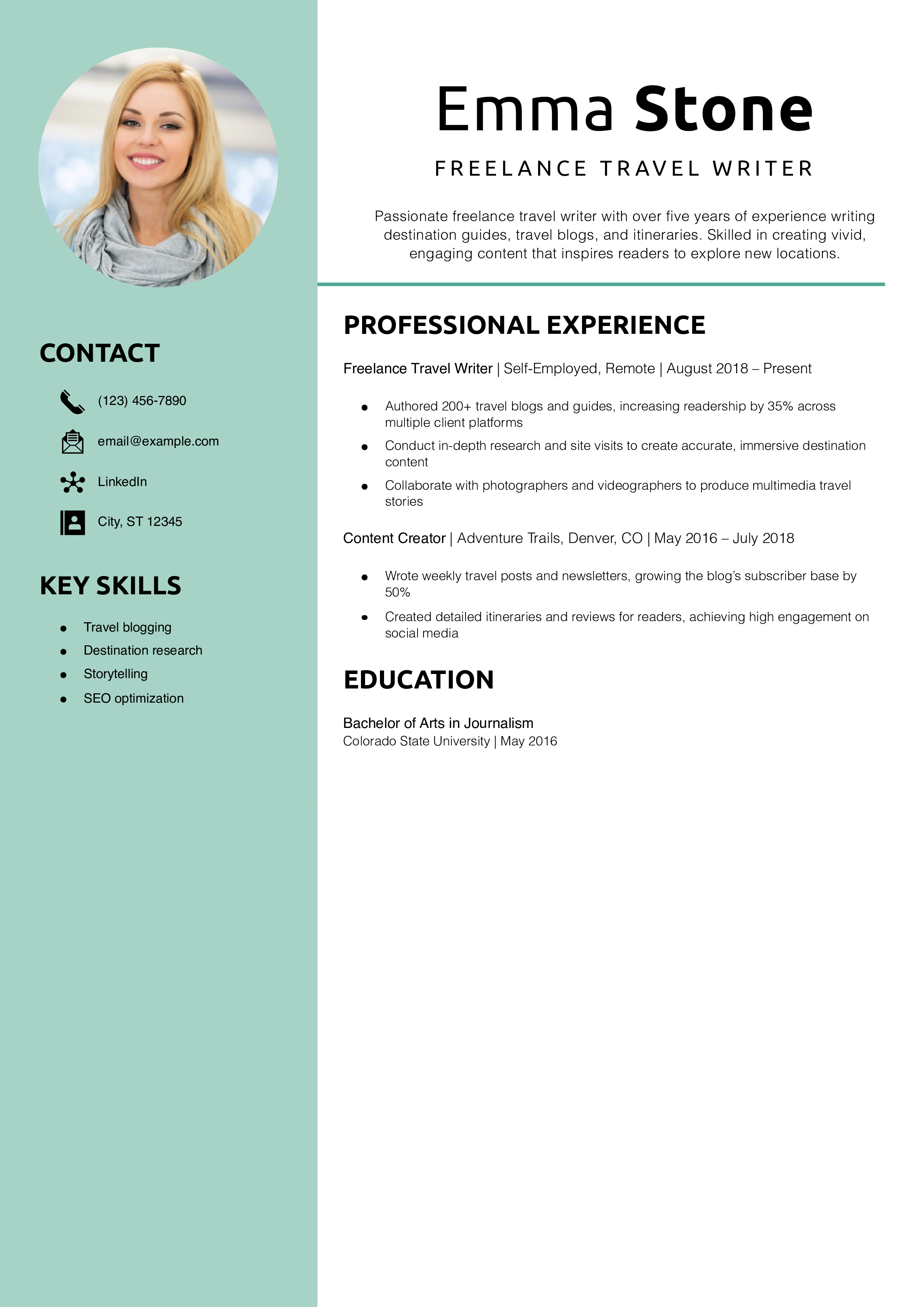 Freelance Travel Writer Resume Example