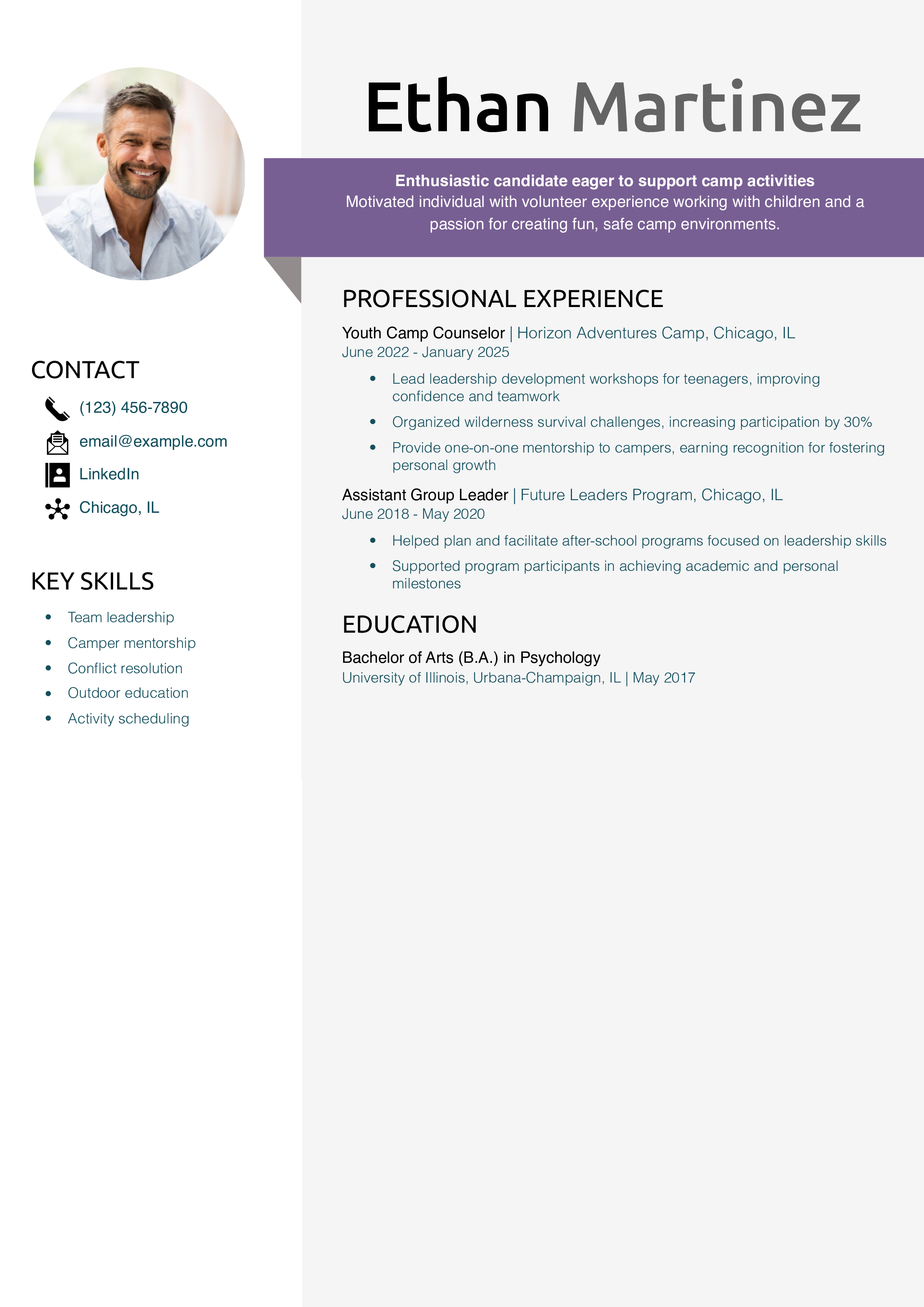 Youth Camp Counselor Resume
