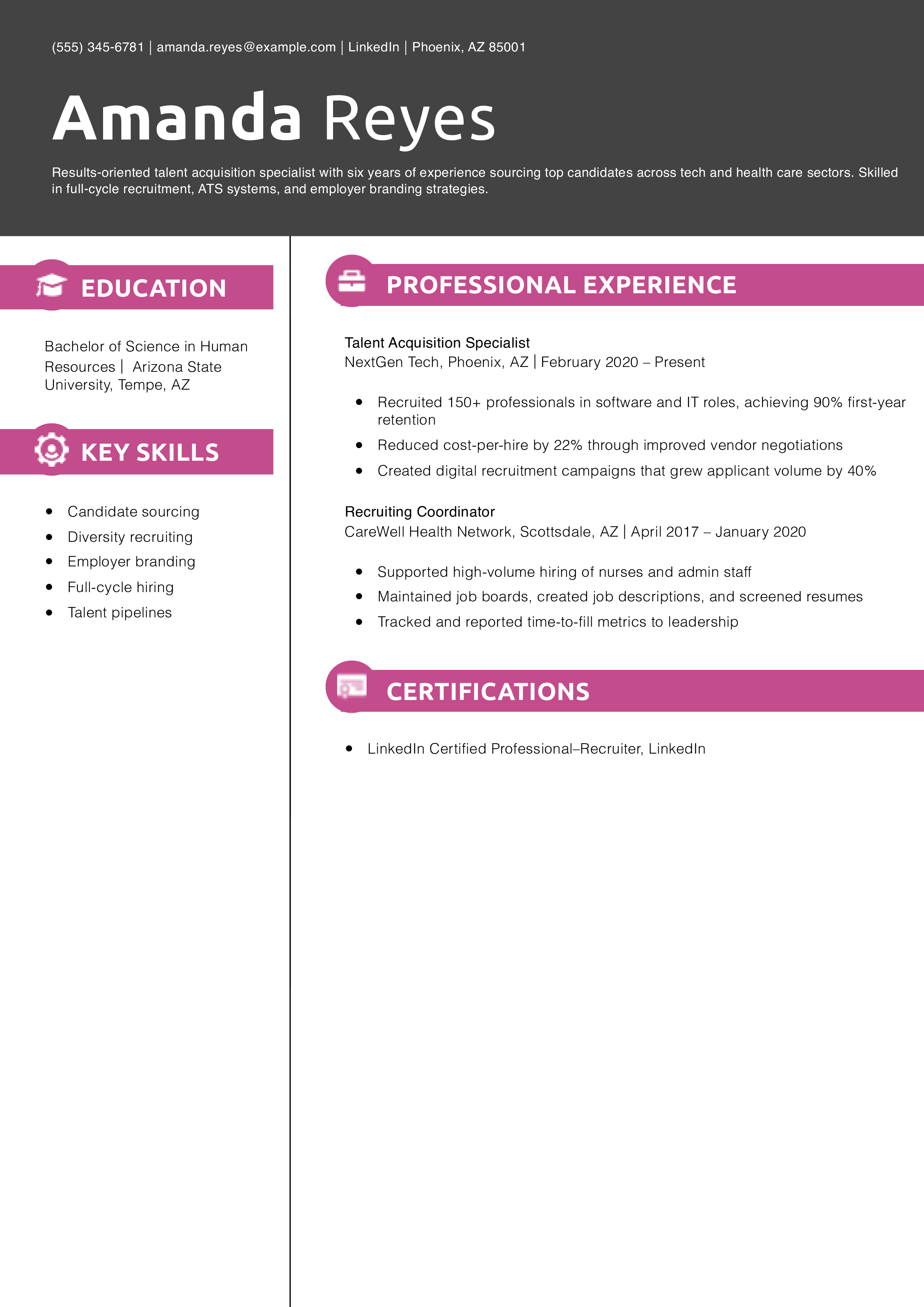 Talent Acquisition Specialist Resume Example
