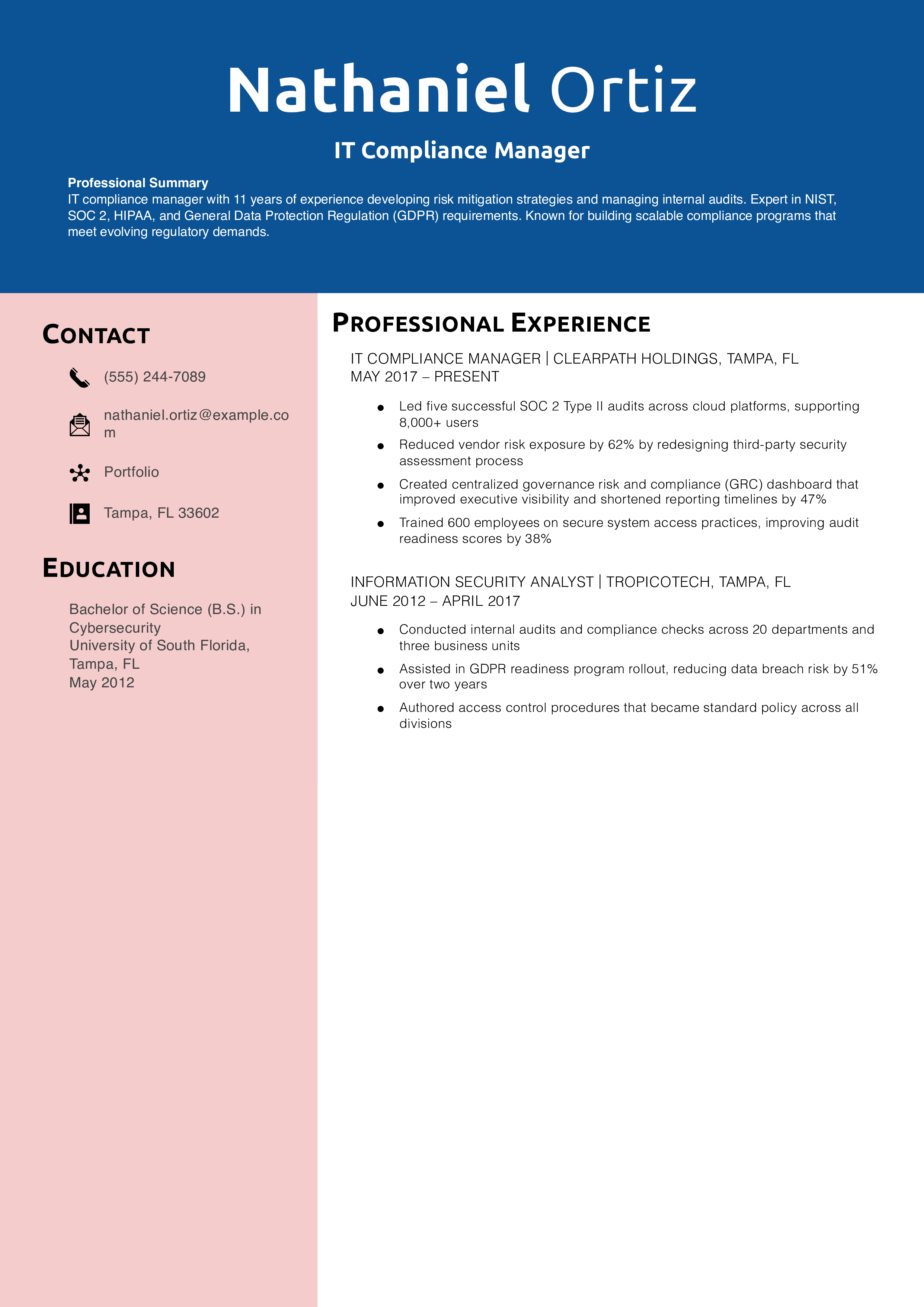 IT Compliance Manager Resume Example