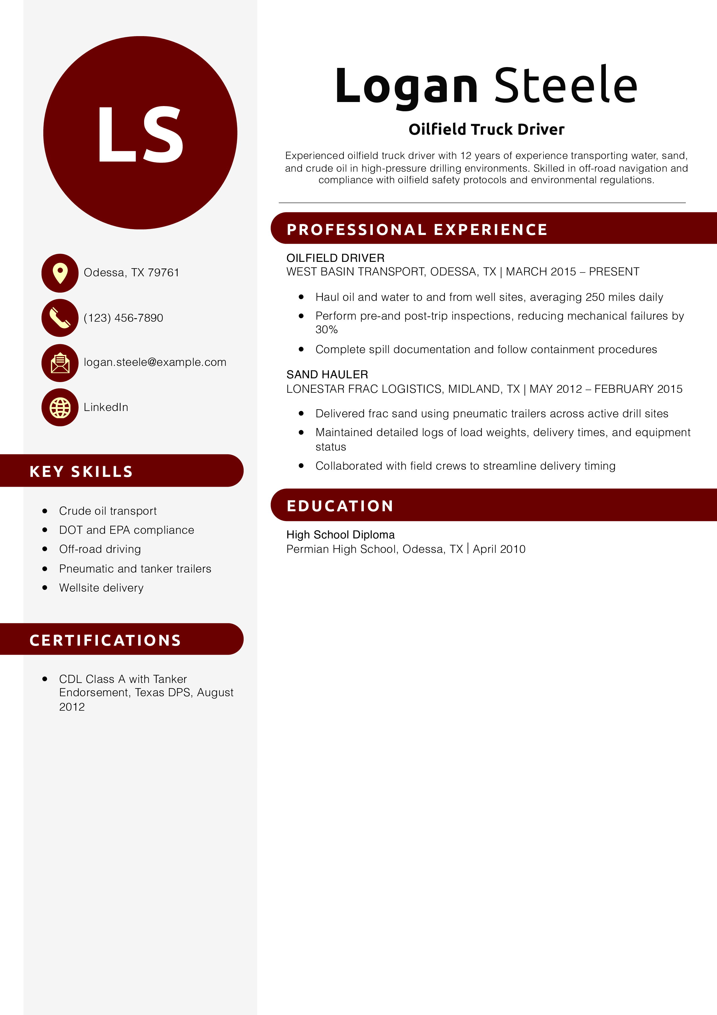 Oilfield Truck Driver Resume