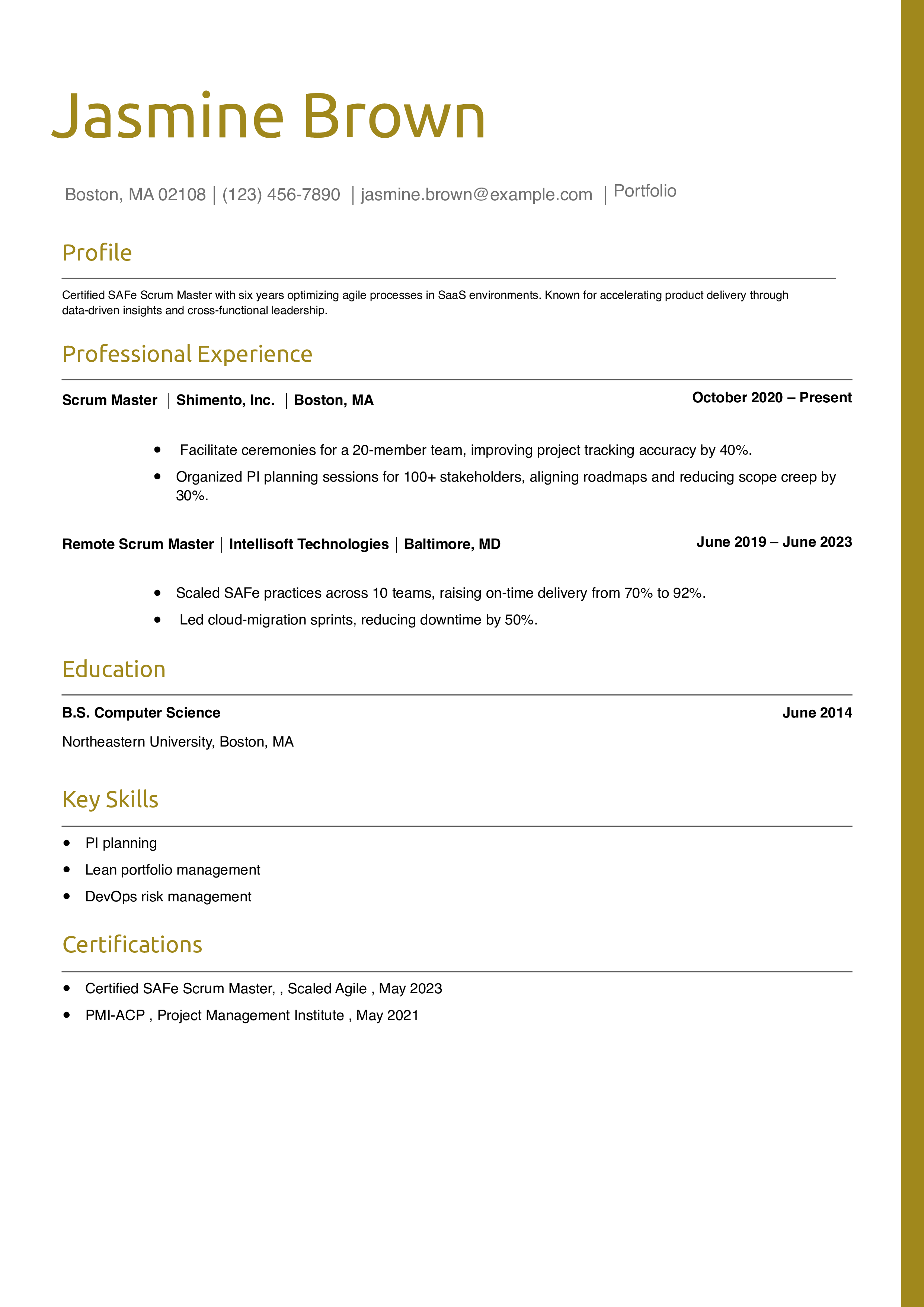 SAFe Scrum Master Resume Example