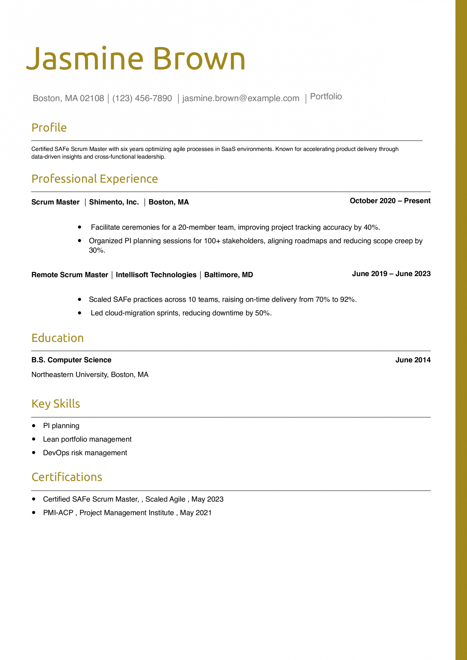 SAFe Scrum Master Resume Example
