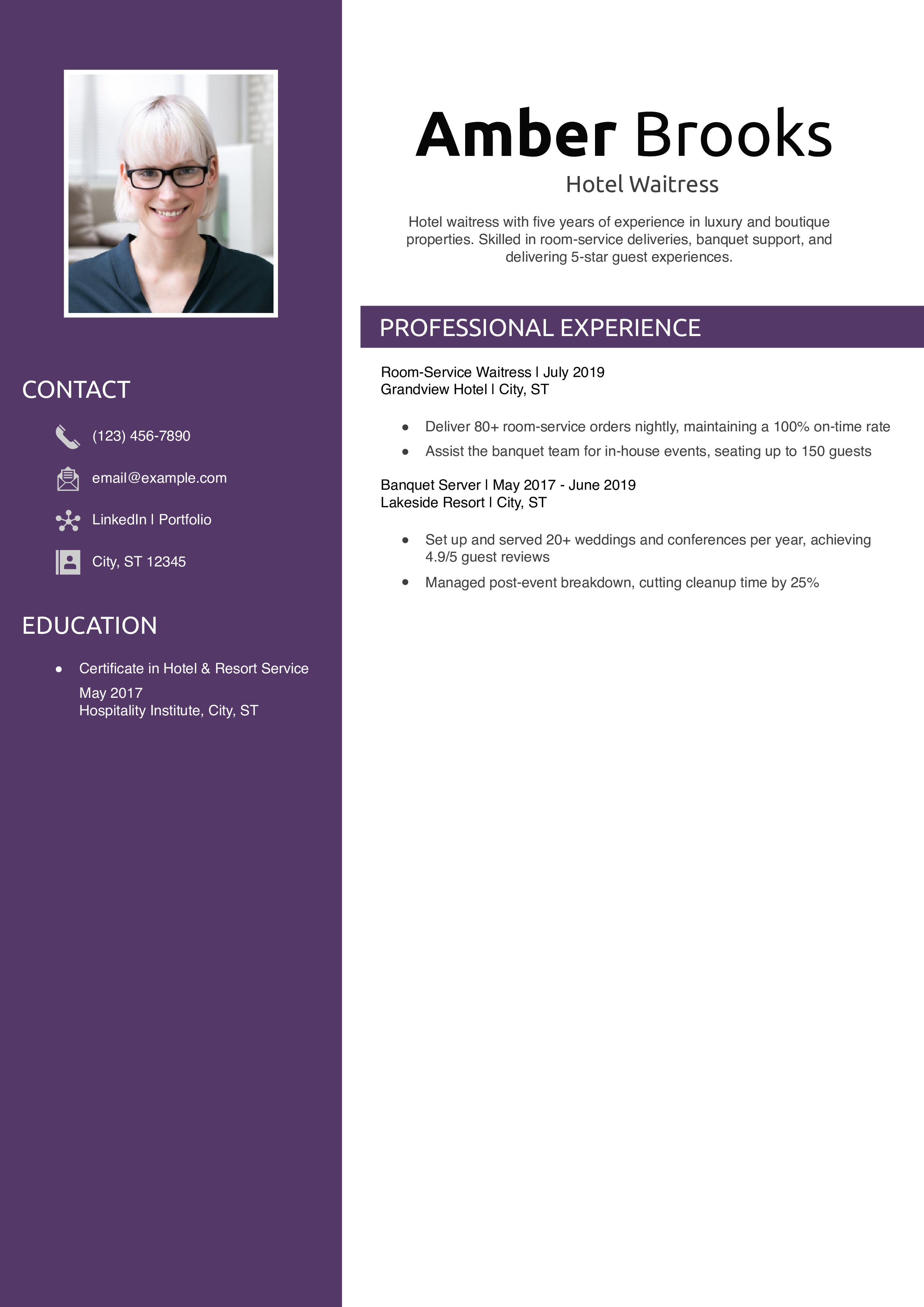 Hotel Waitress Resume Example