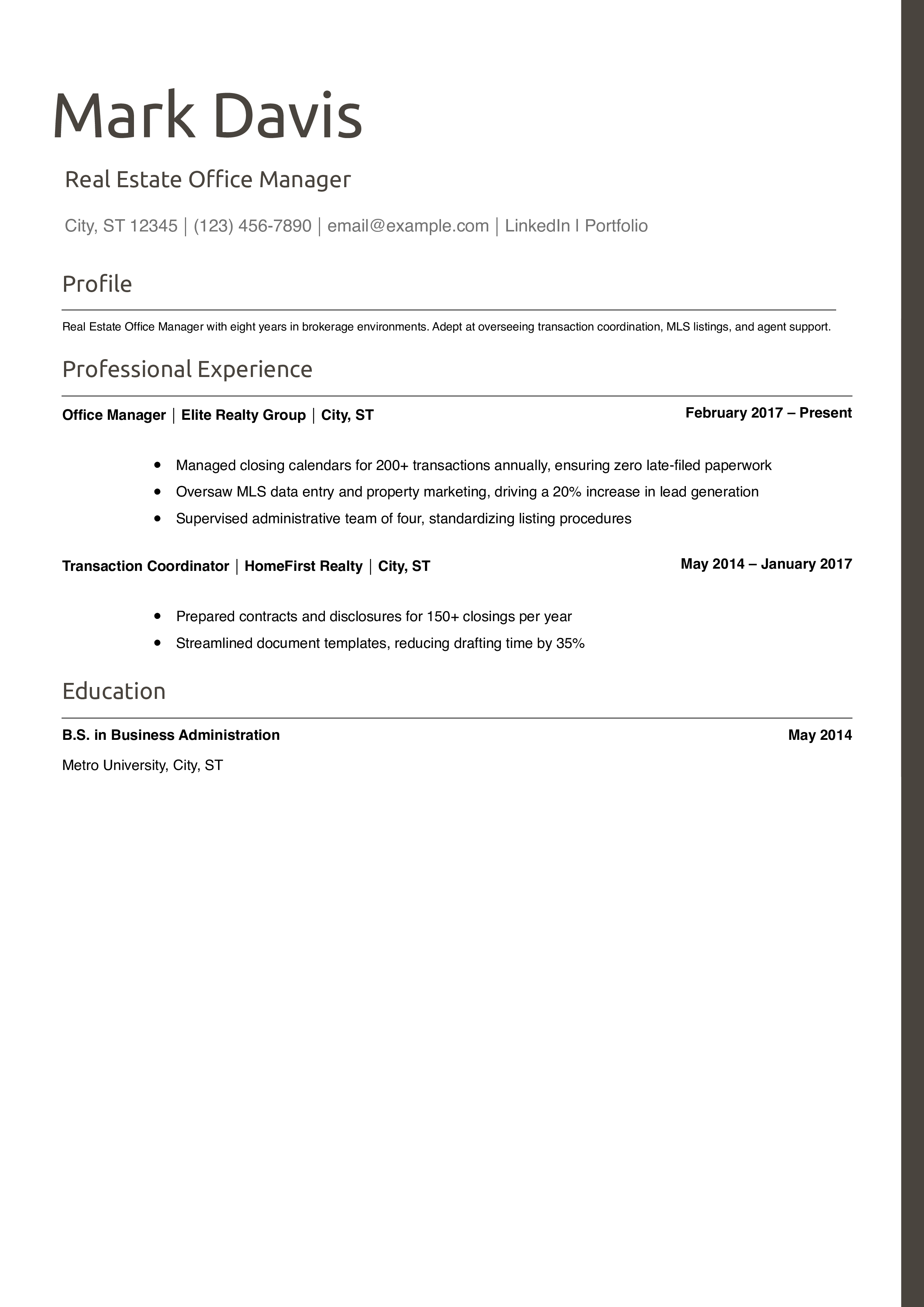 Real Estate Office Manager Resume Example