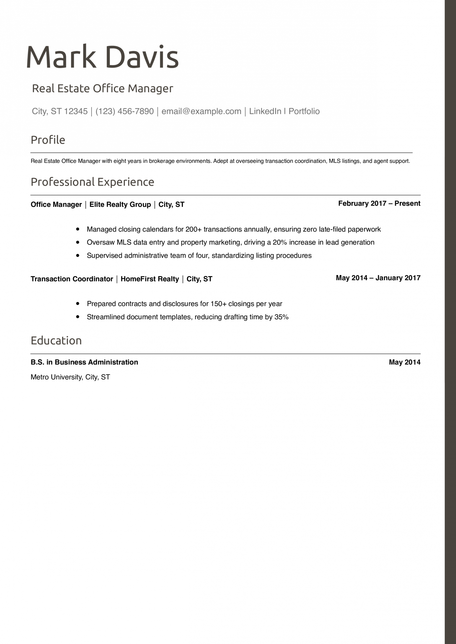 Real Estate Office Manager Resume Example