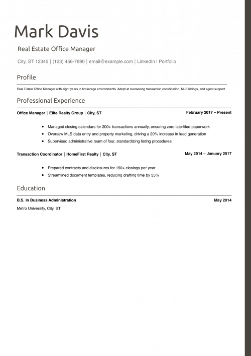 Real Estate Office Manager Resume Example