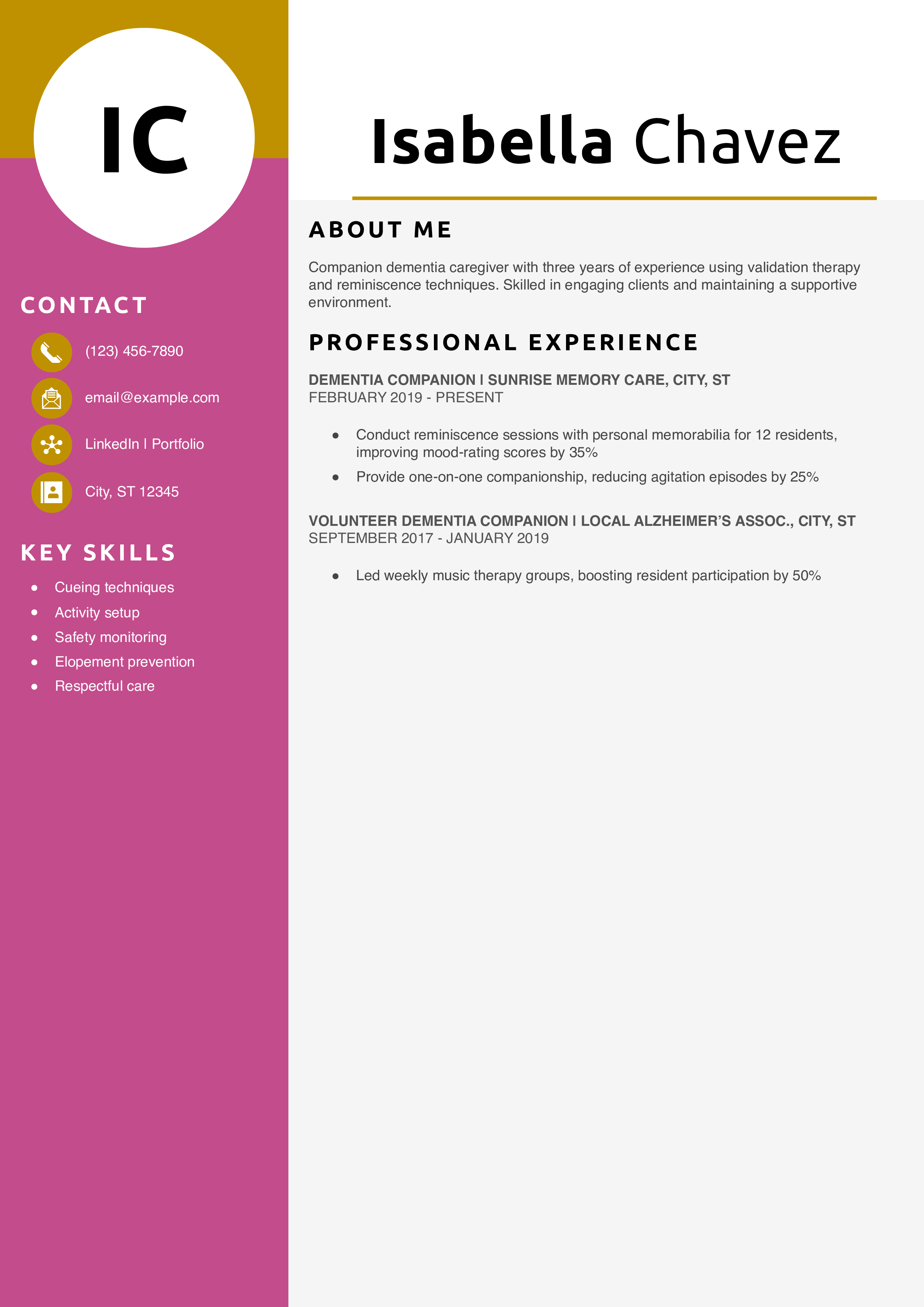 Companion Dementia Caregiver Resume Example