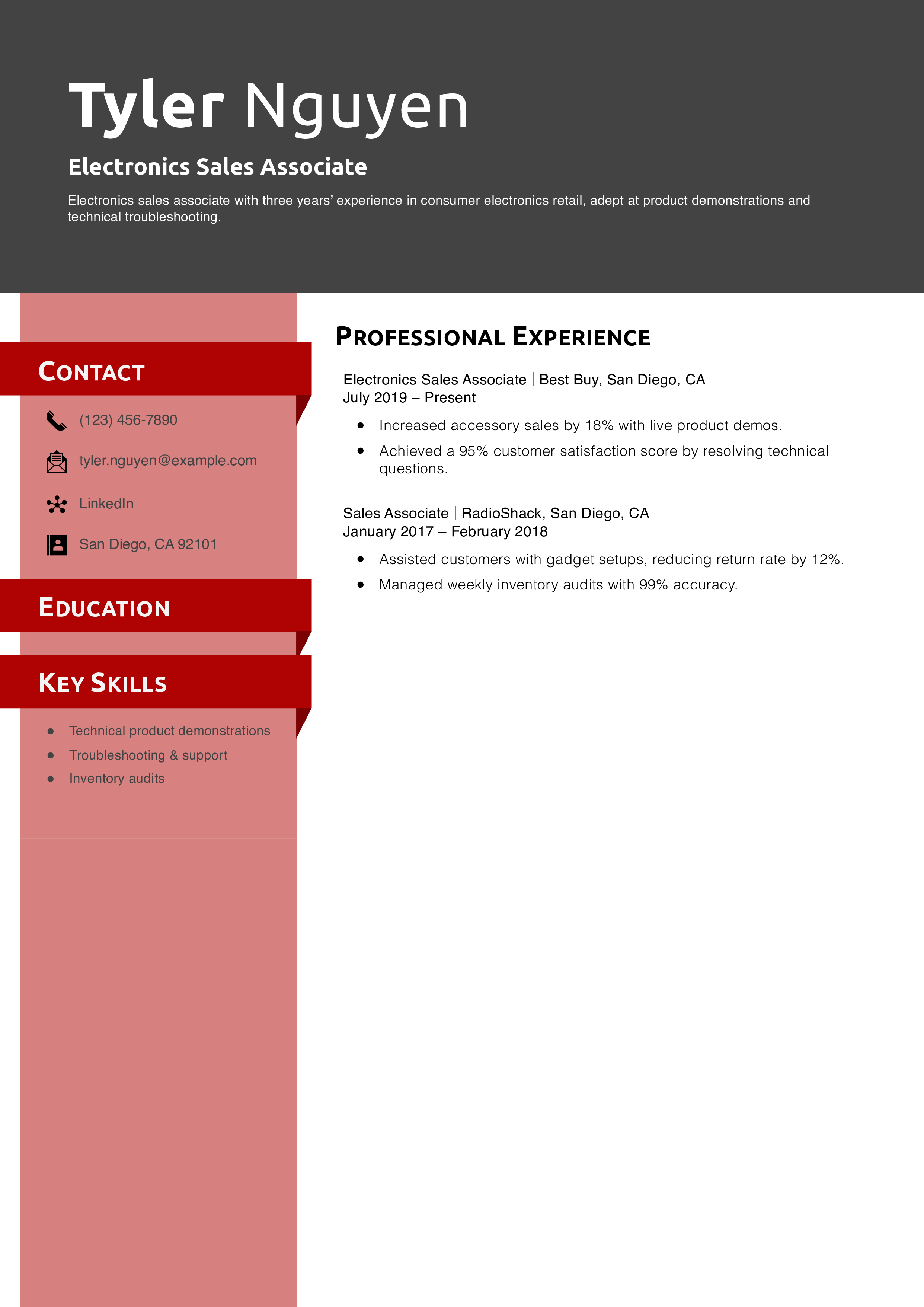 Electronics Sales Associate Resume Example