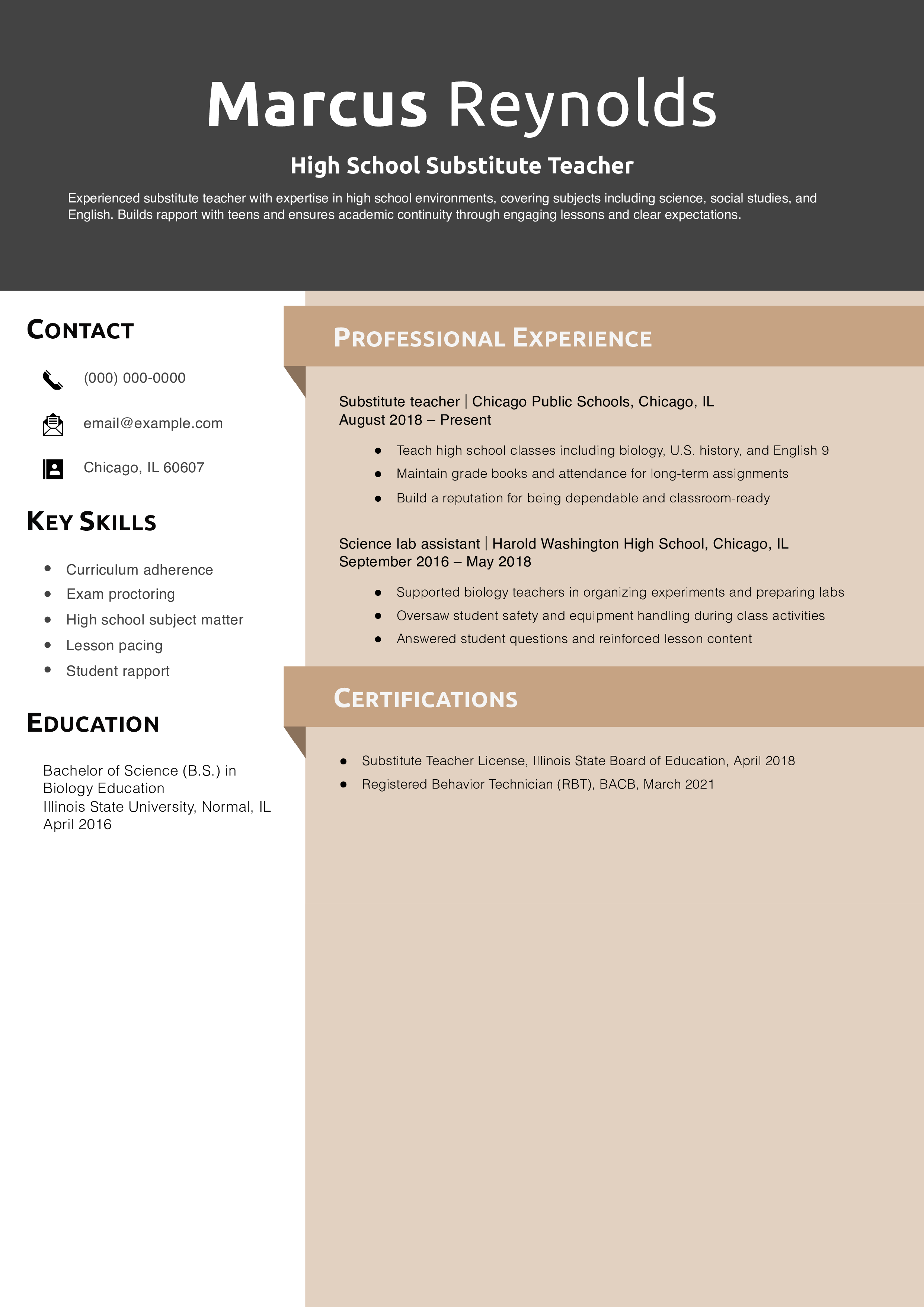 High School Substitute Teacher Resume Example