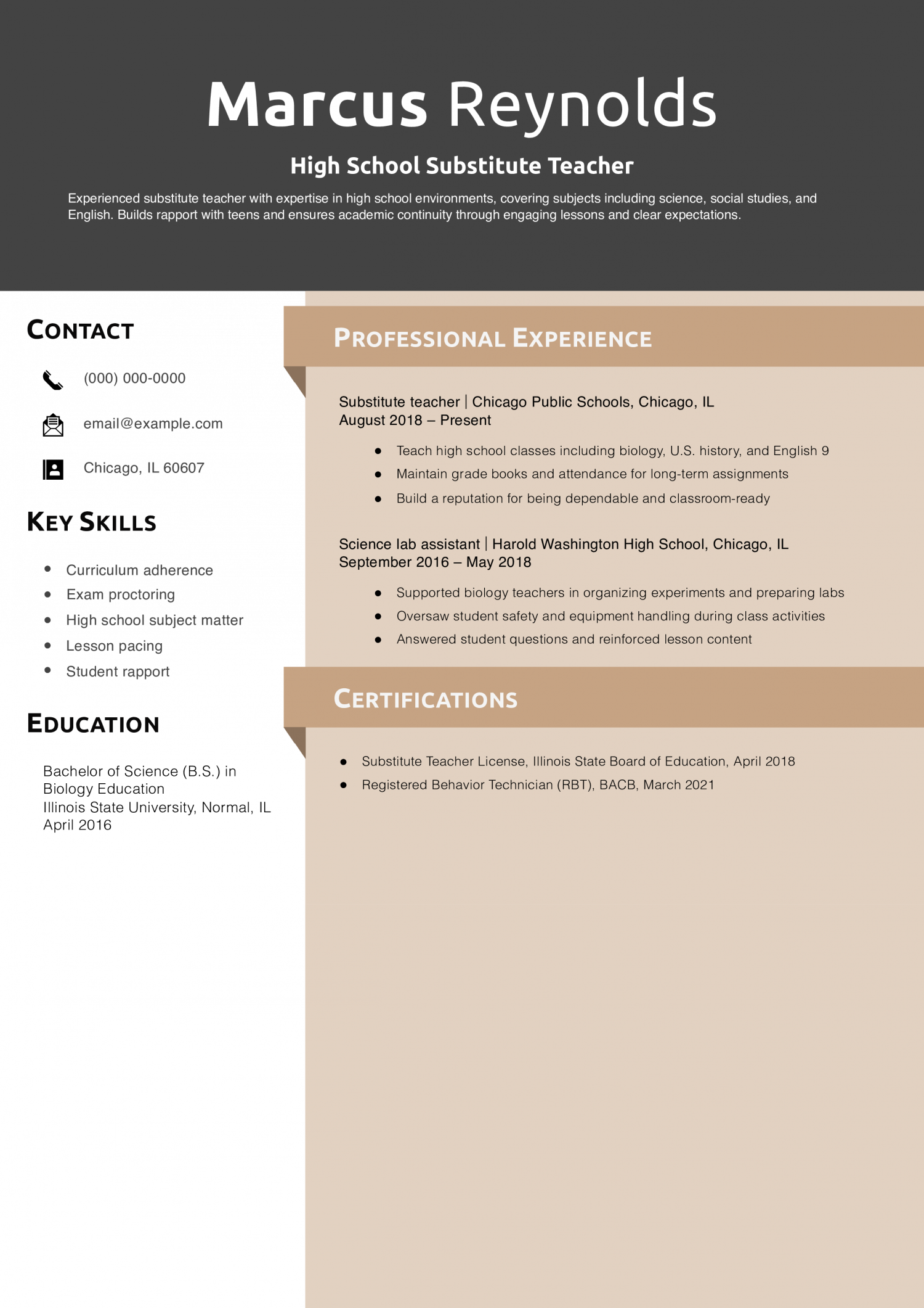 High School Substitute Teacher Resume Example