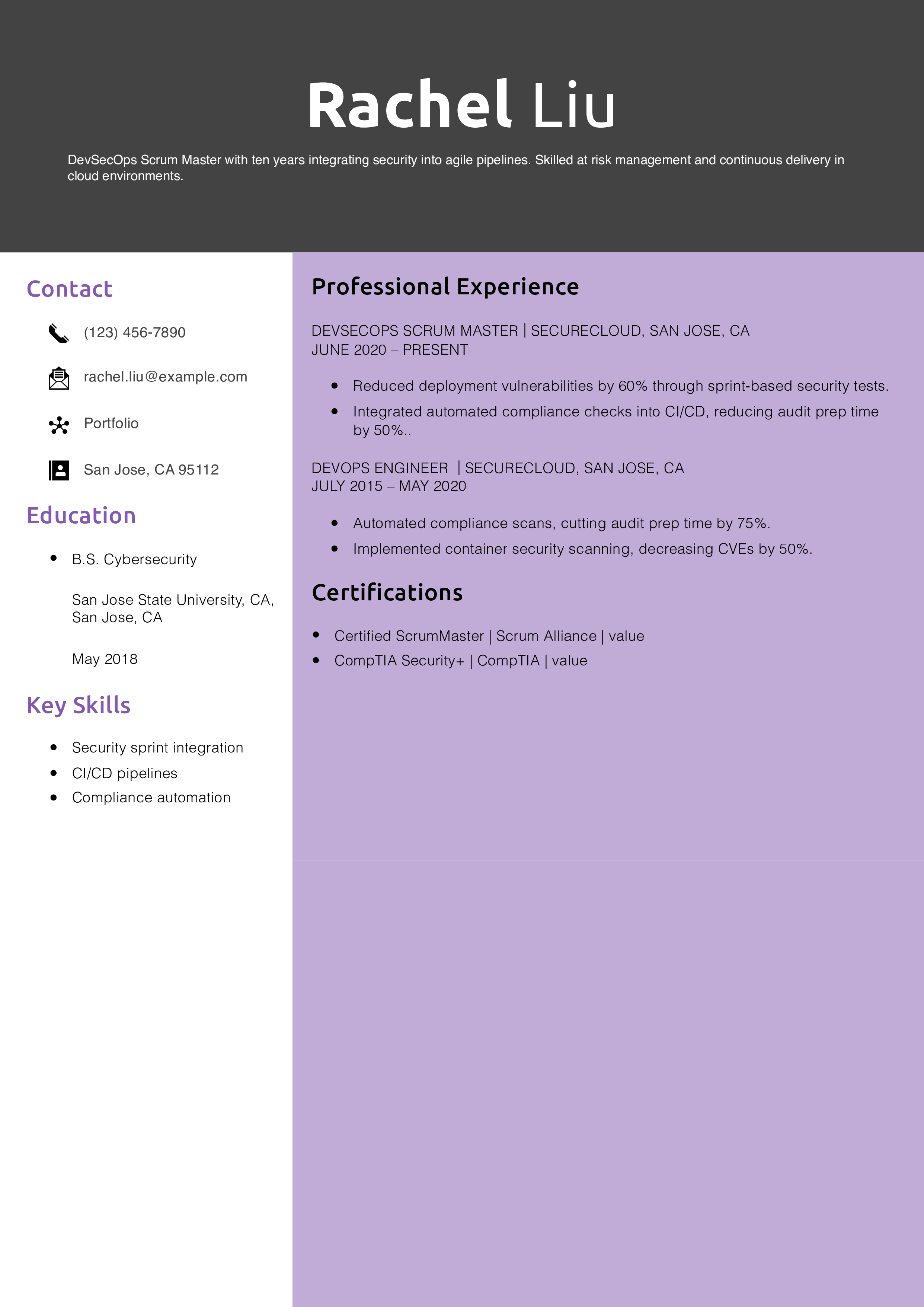 Senior DevSecOps Scrum Master Resume Example