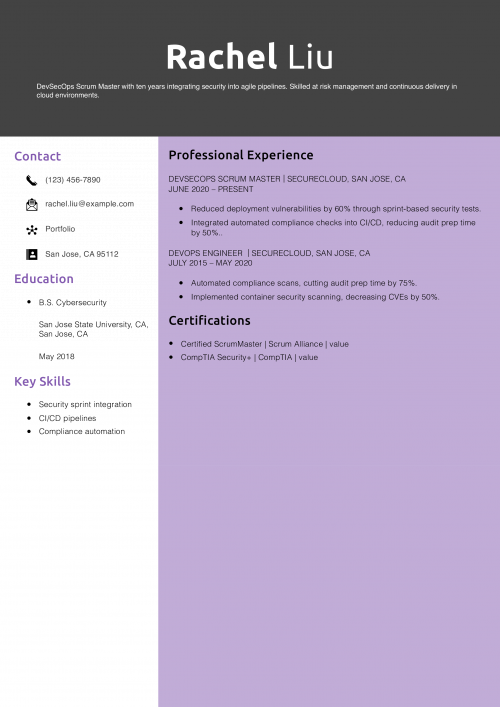 Senior DevSecOps Scrum Master Resume Example