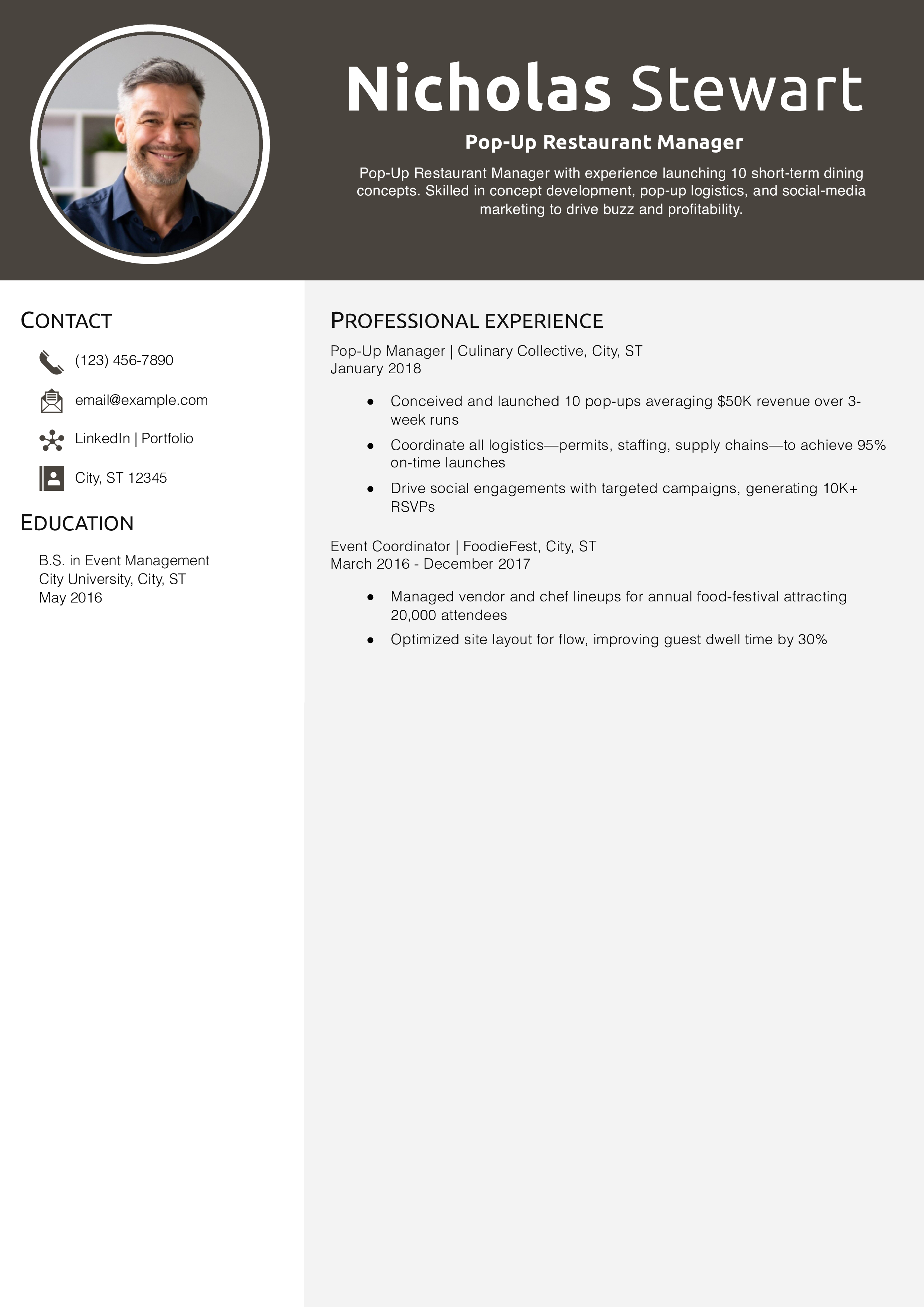Pop-Up Restaurant Manager Resume Example