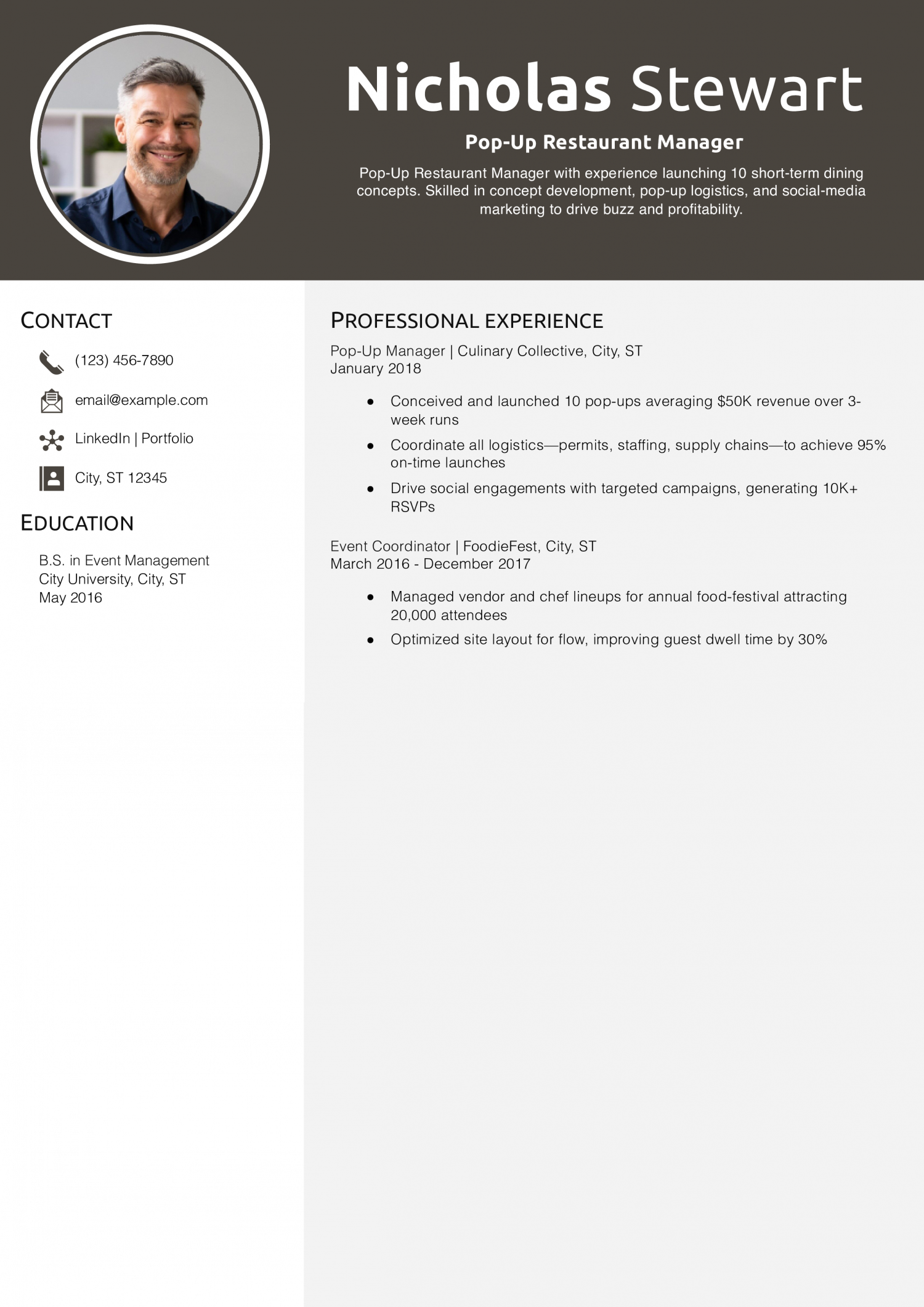Pop-Up Restaurant Manager Resume Example