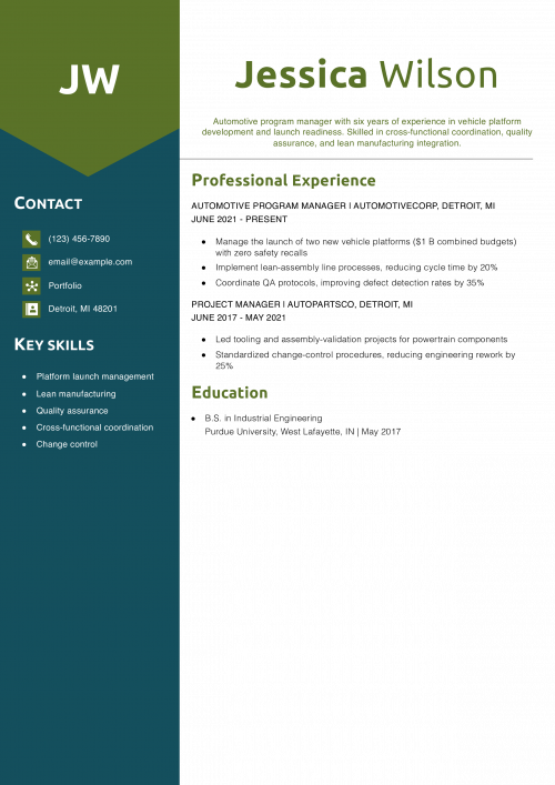 Automotive Program Manager Resume Example