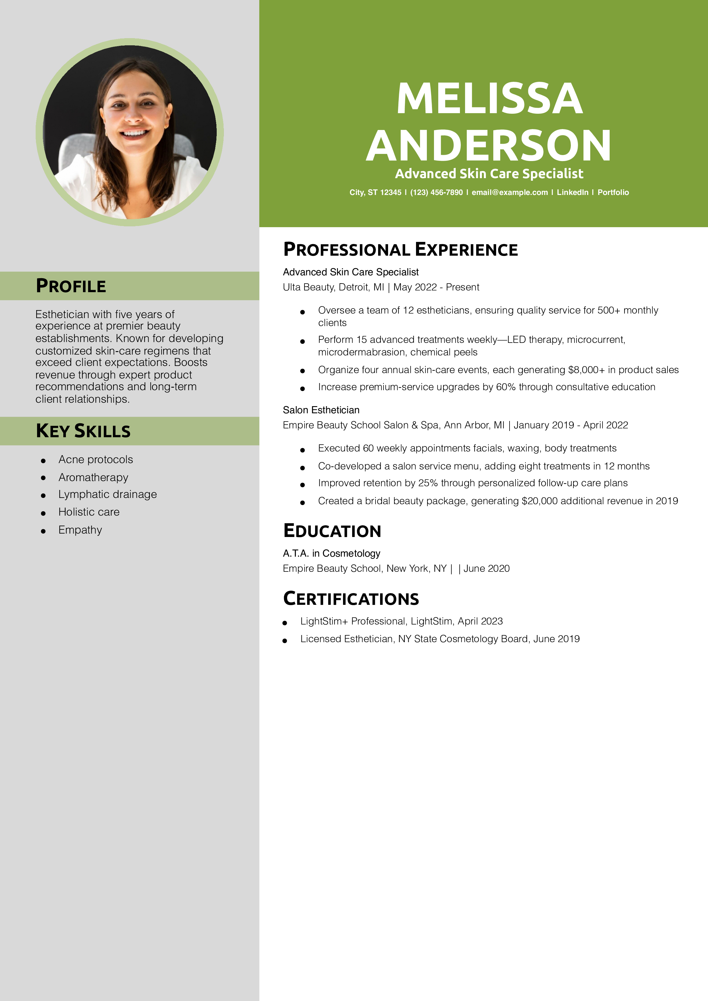 Advanced Skin Care Specialist Resume Example