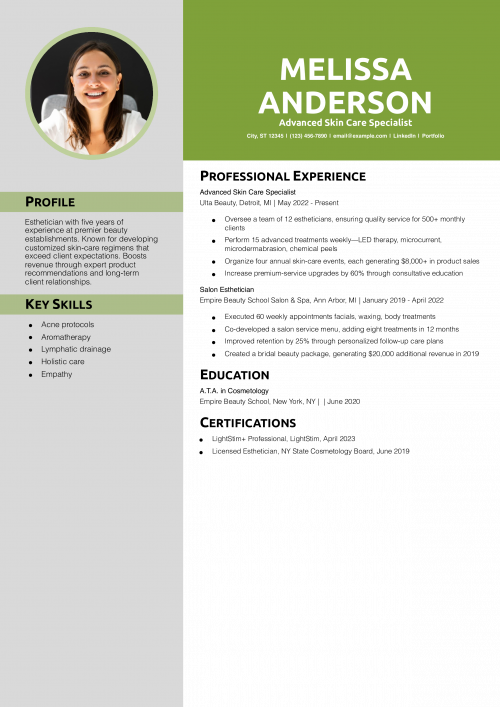 Advanced Skin Care Specialist Resume Example