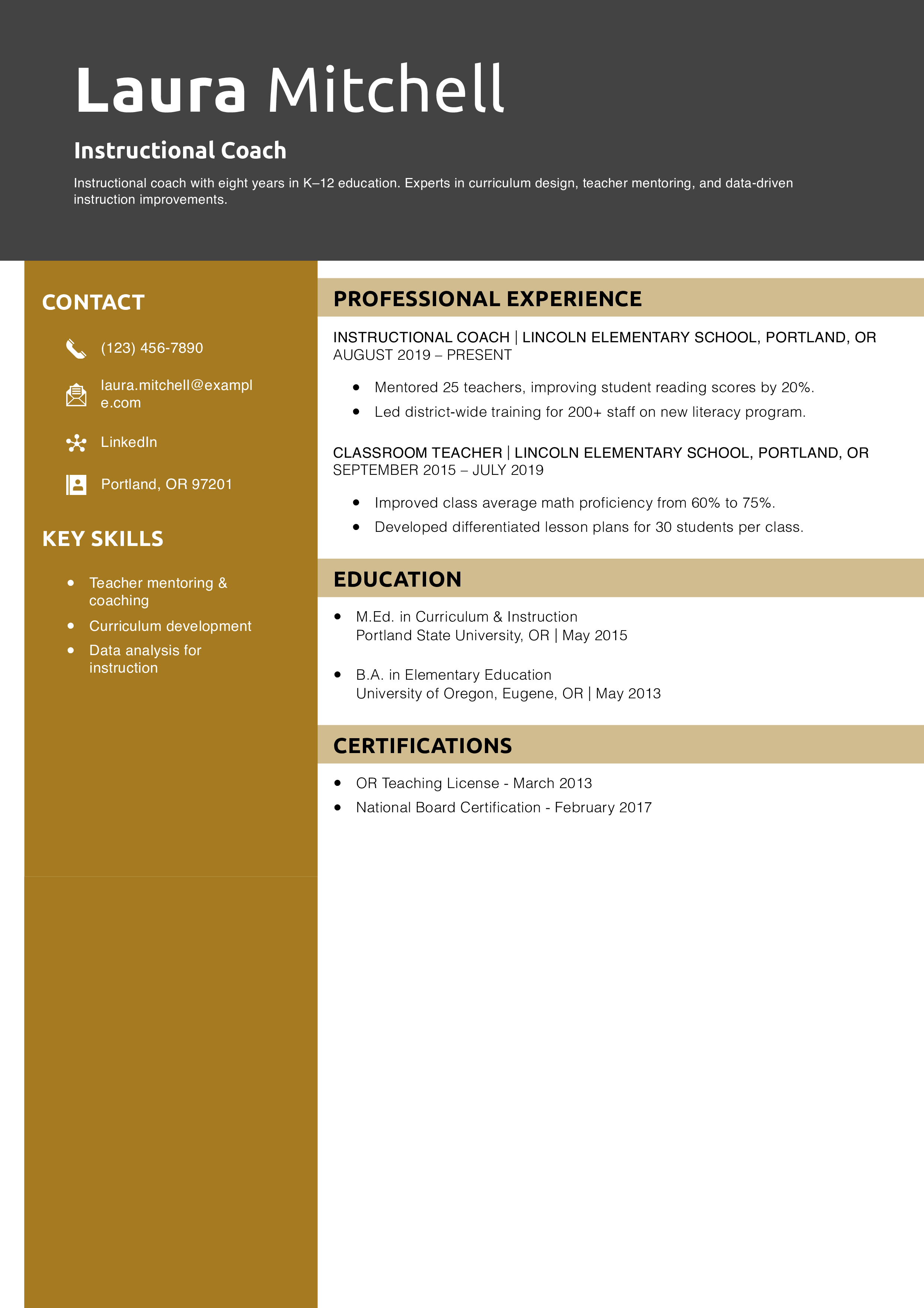 Instructional Coach Resume Example