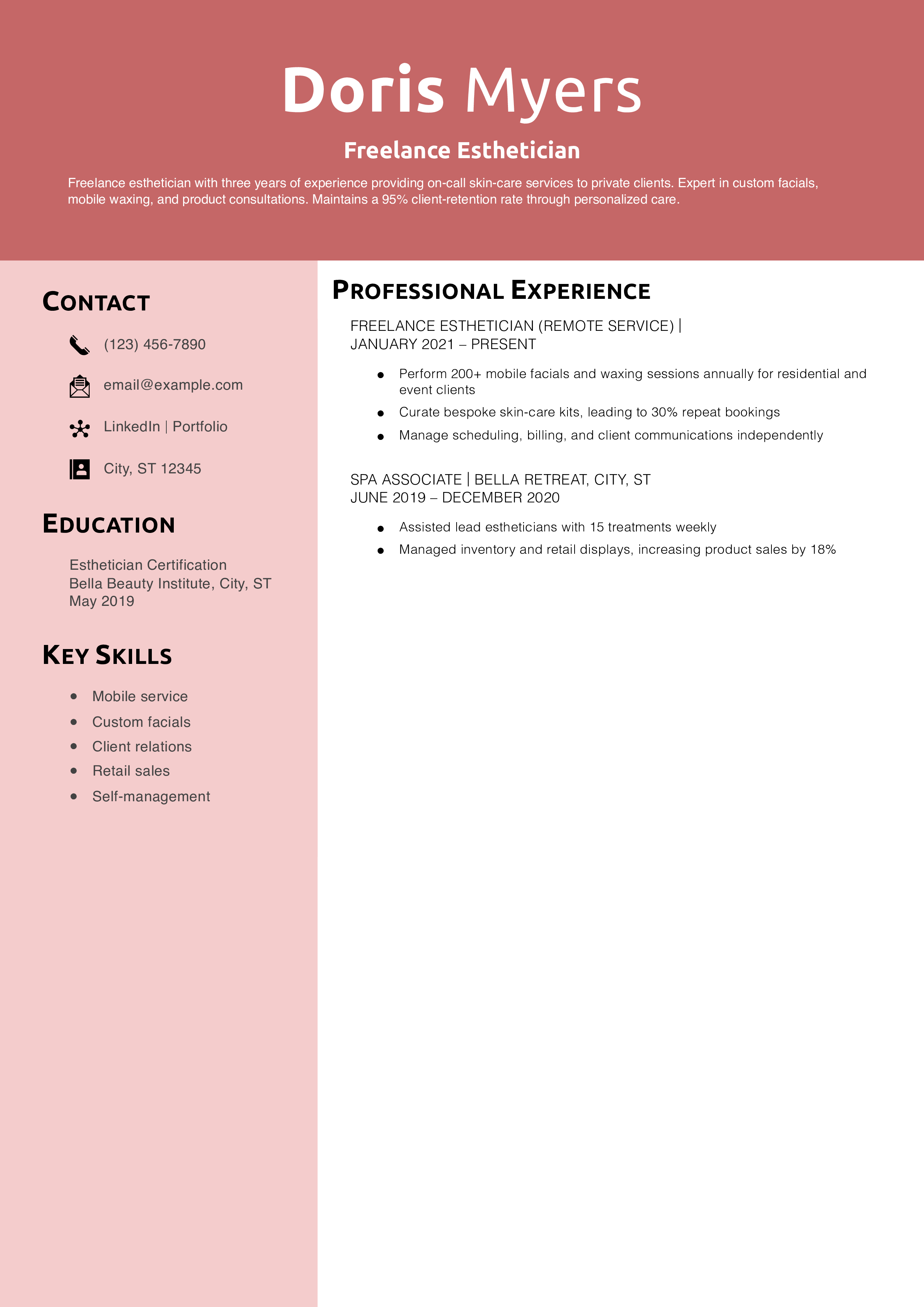 Freelance Esthetician Resume Example