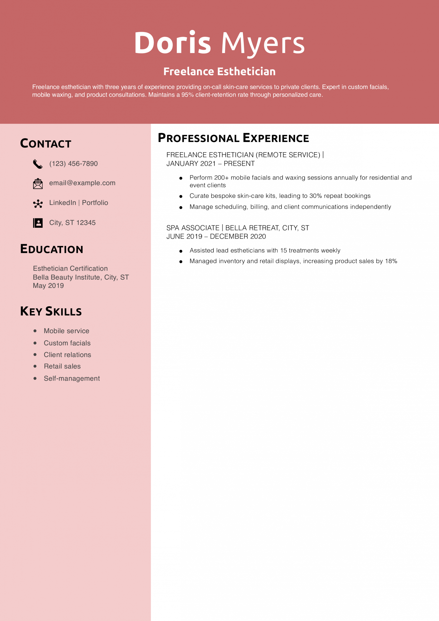 Freelance Esthetician Resume Example