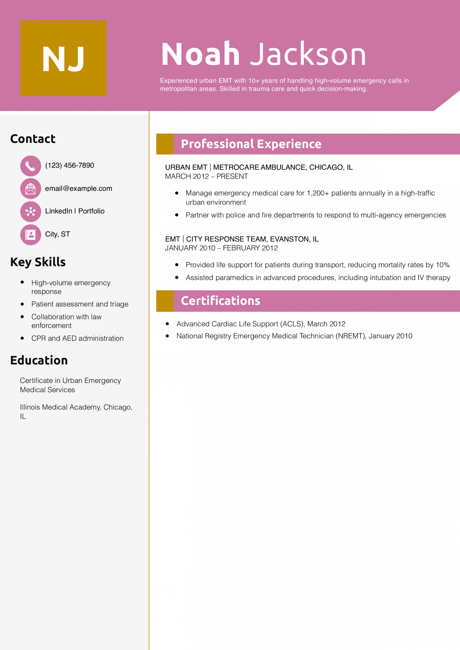 Urban EMT Resume Example