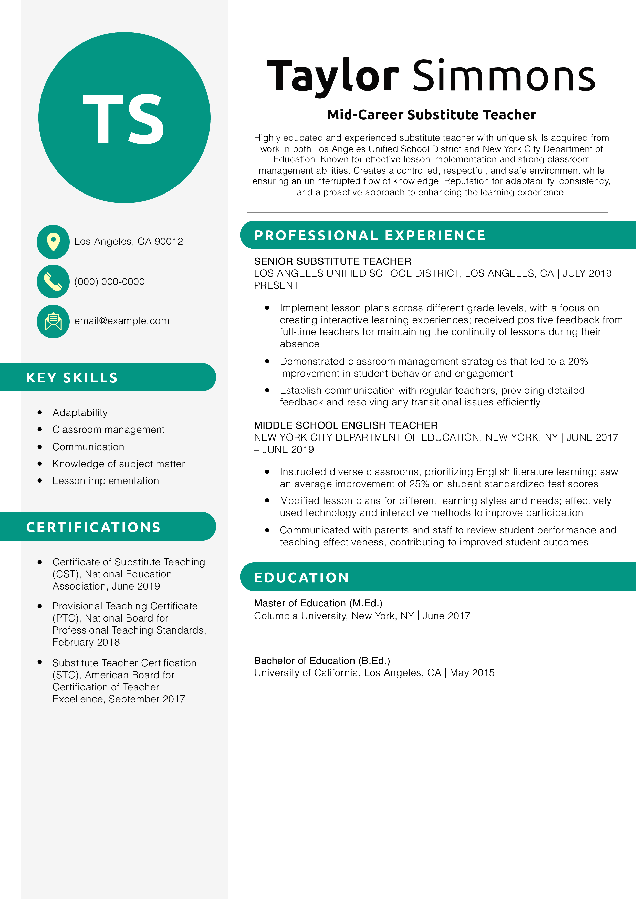 Mid-Career Substitute Teacher Resume Example