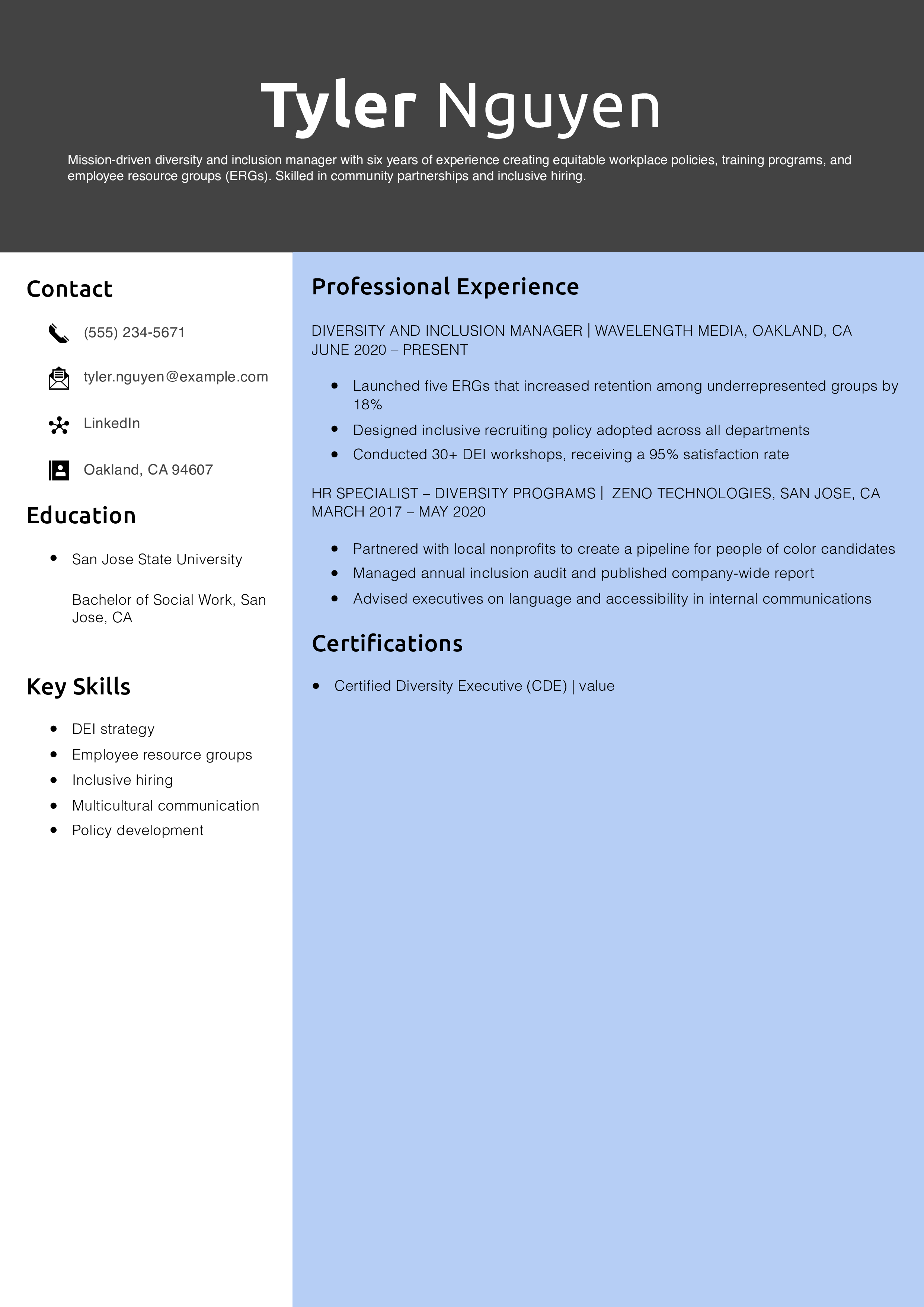Diversity and Inclusion Manager Resume Example