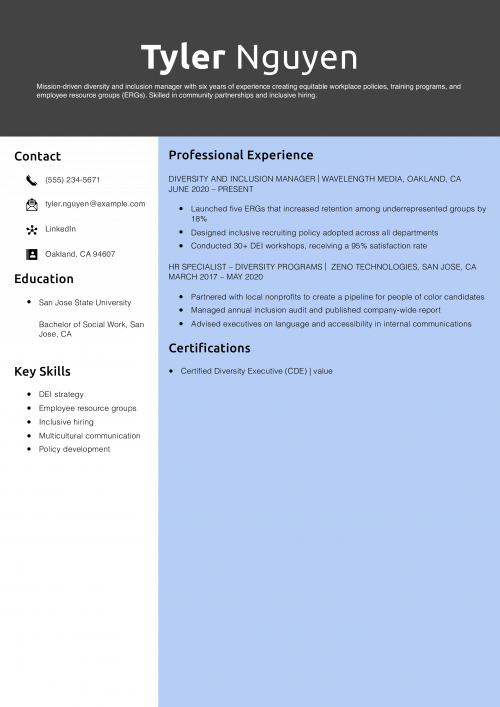 Diversity and Inclusion Manager Resume Example