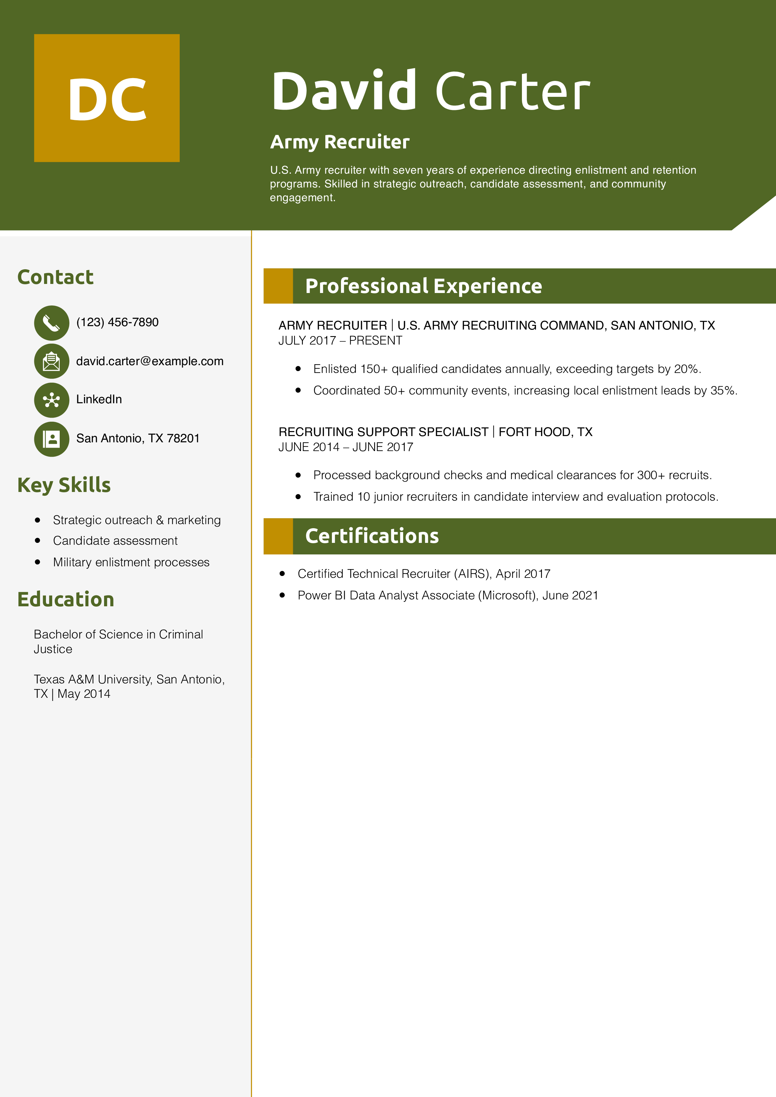 Army Recruiter Resume Example