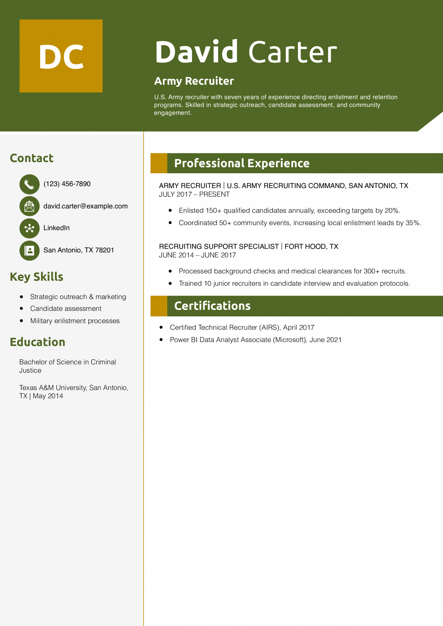 Army Recruiter Resume Example