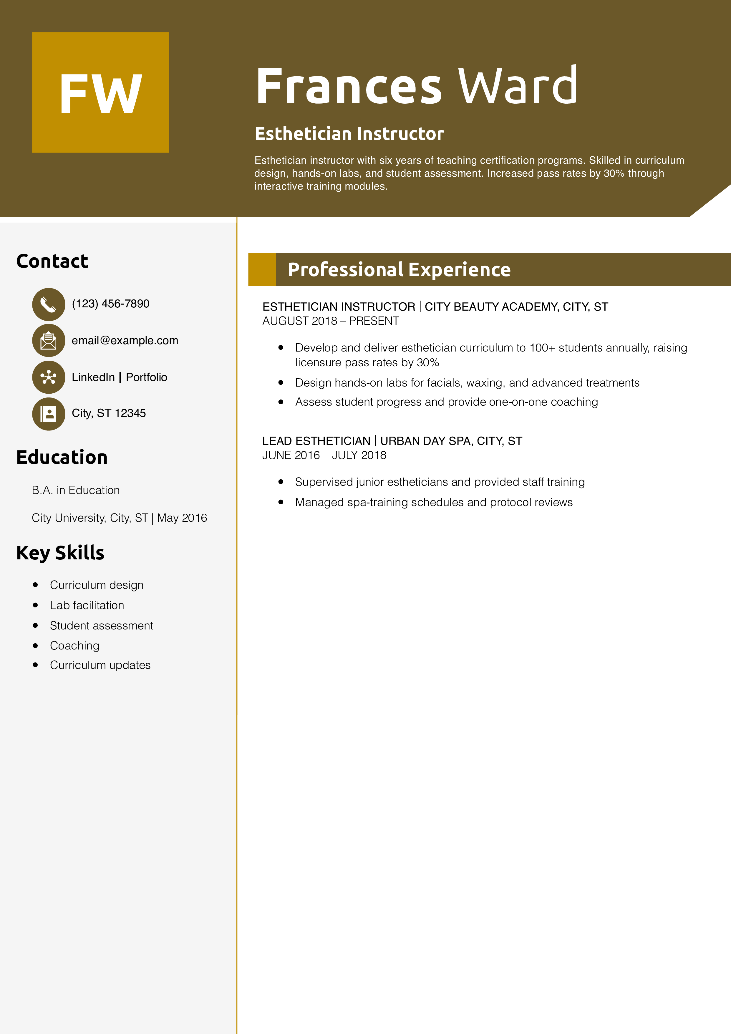 Esthetician Instructor Resume Example
