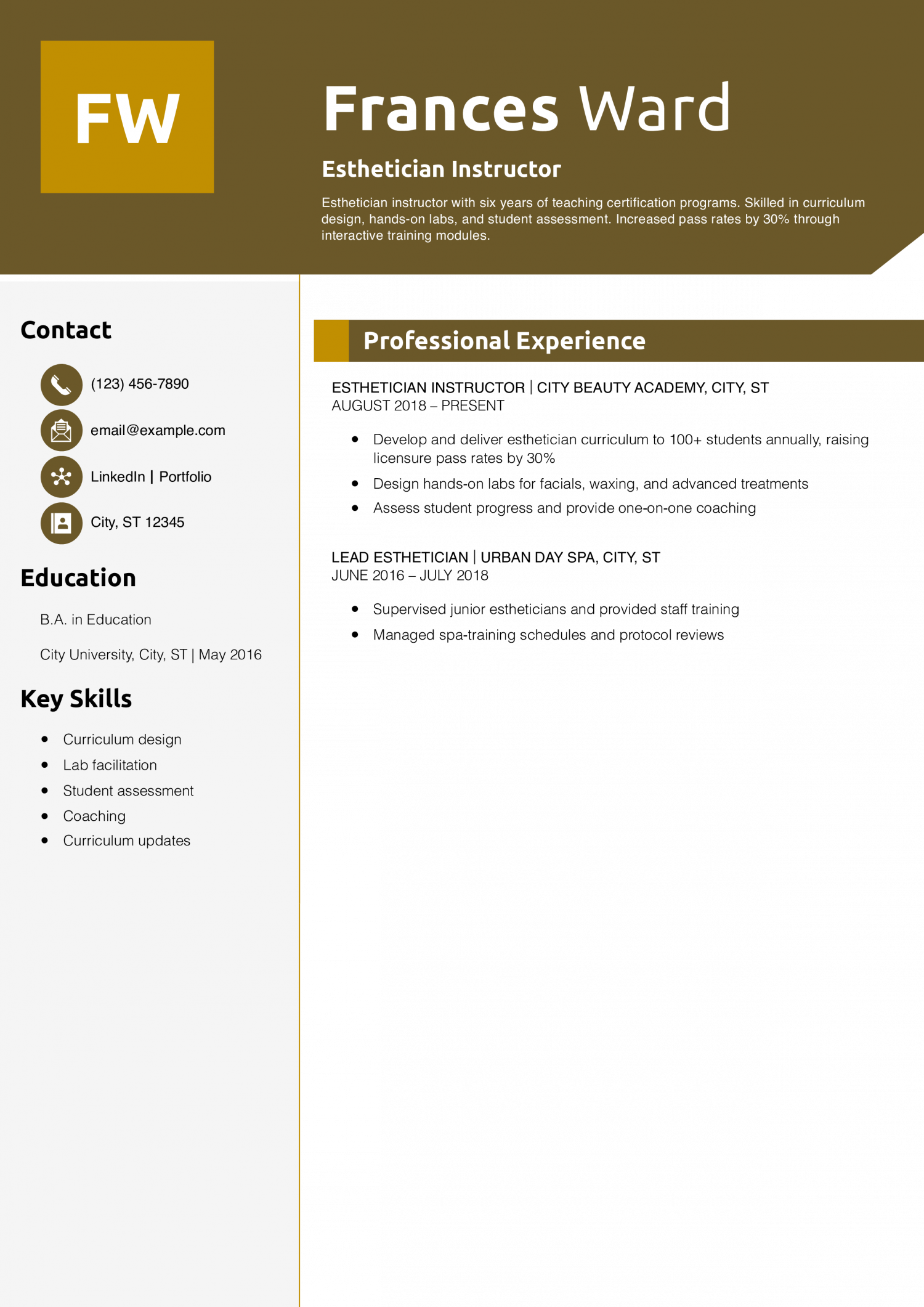 Esthetician Instructor Resume Example