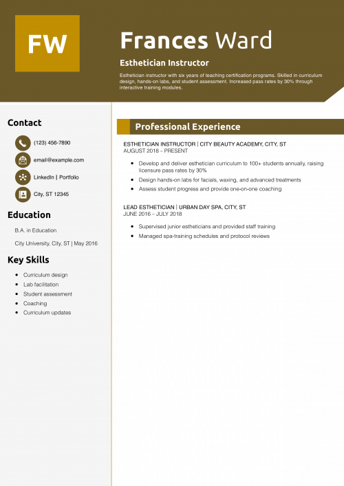 Esthetician Instructor Resume Example
