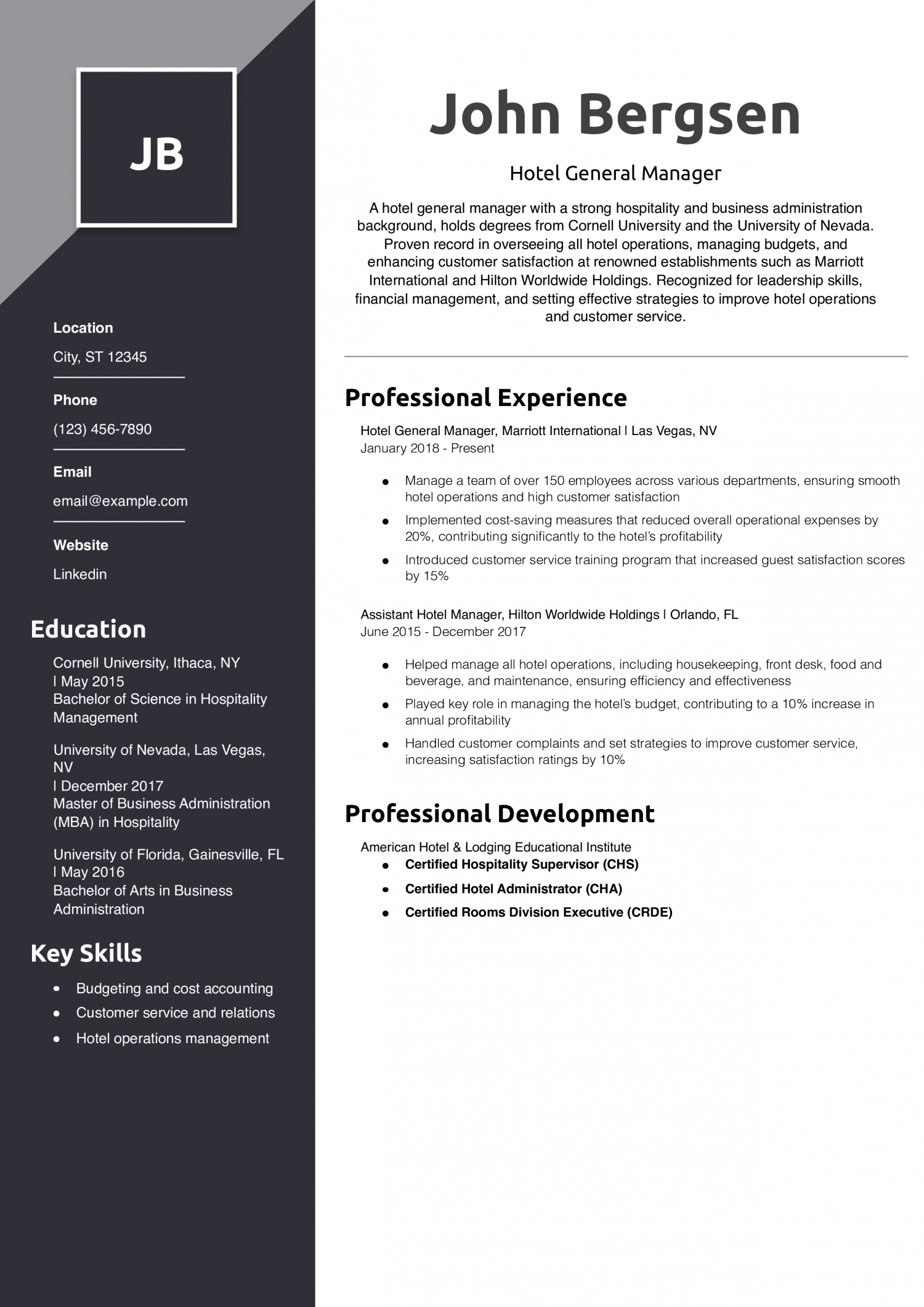 Hotel General Manager Resume Example